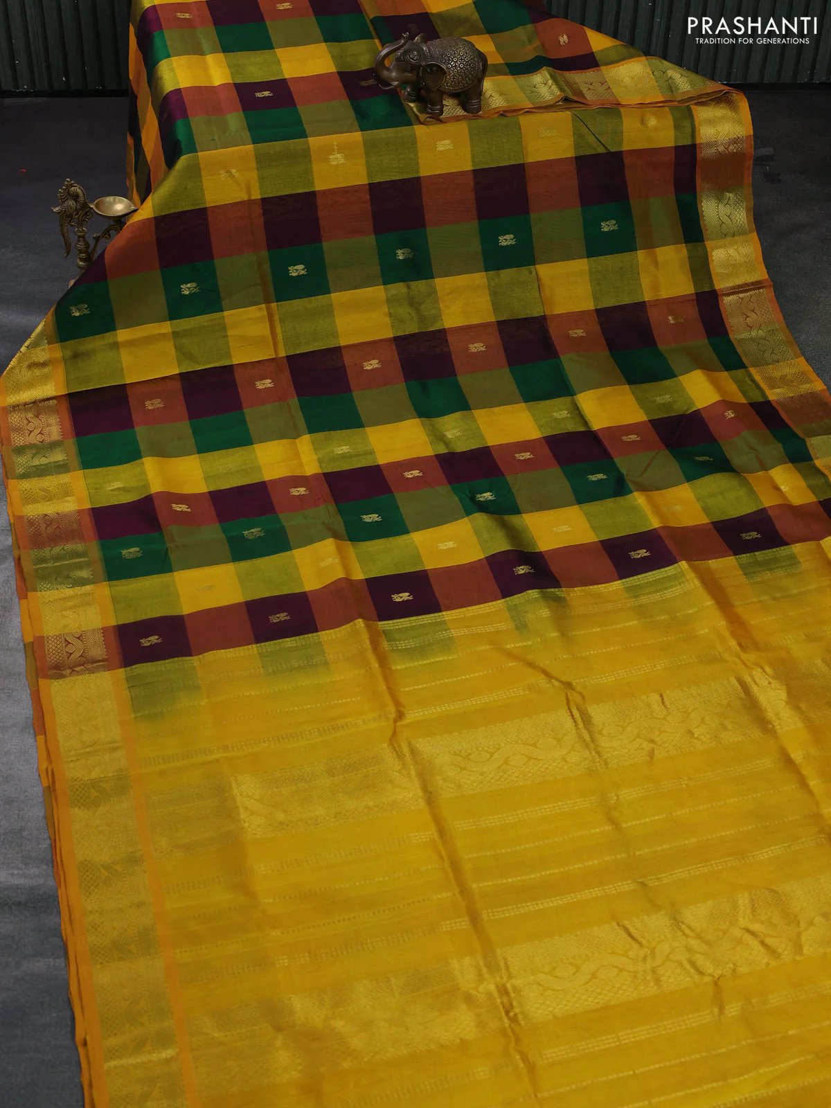 Silk cotton saree multi colour and mustard yellow with allover paalum pazhamum checks & buttas and zari woven border - Image 2