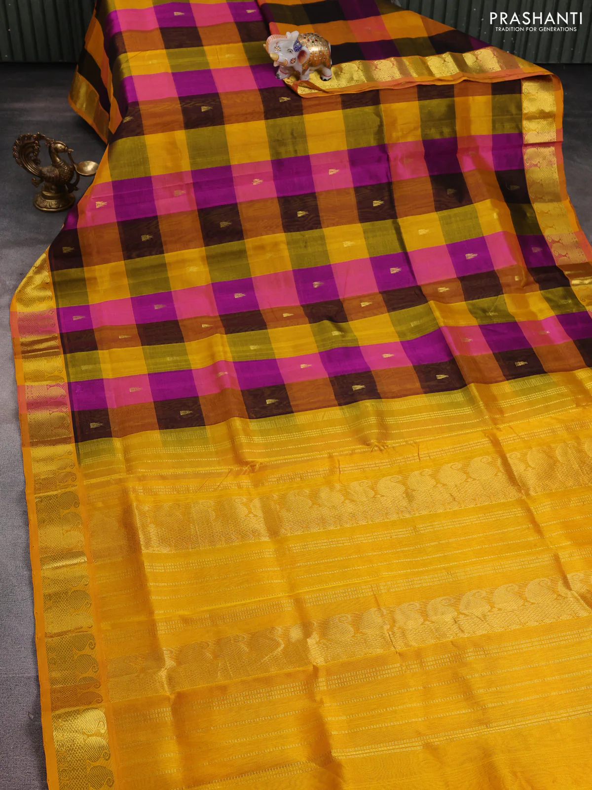 Silk cotton saree multi colour and mustard yellow with allover paalum pazhamum checks pattern & temple zari buttas and zari woven paisley border - Image 2