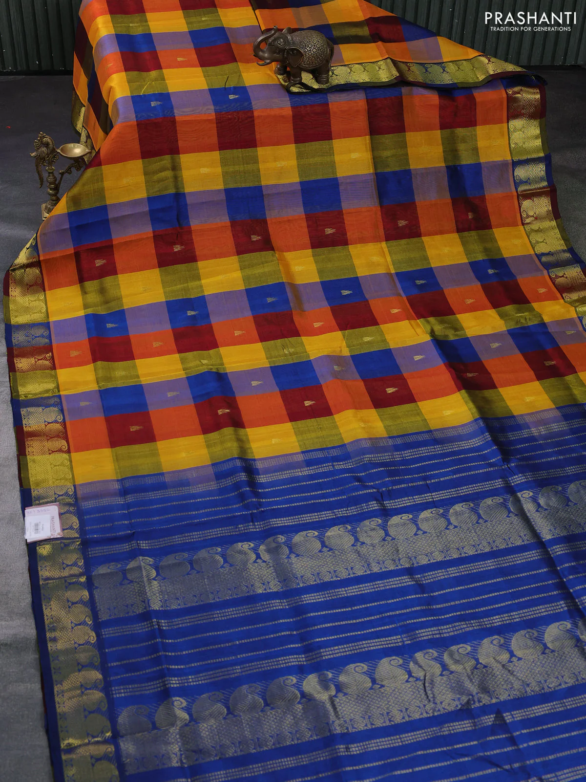 Silk cotton saree multi colour and peacock blue with allover paalum pazhamum checks & buttas and paisley zari woven border - Image 2