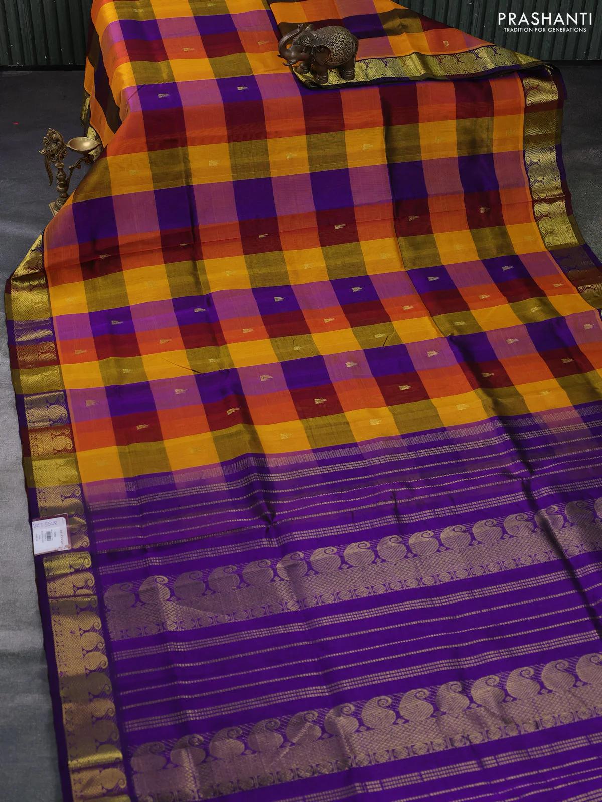 Silk cotton saree multi colour and purple with allover paalum pazhamum checks & buttas and paisley zari woven border - Image 2