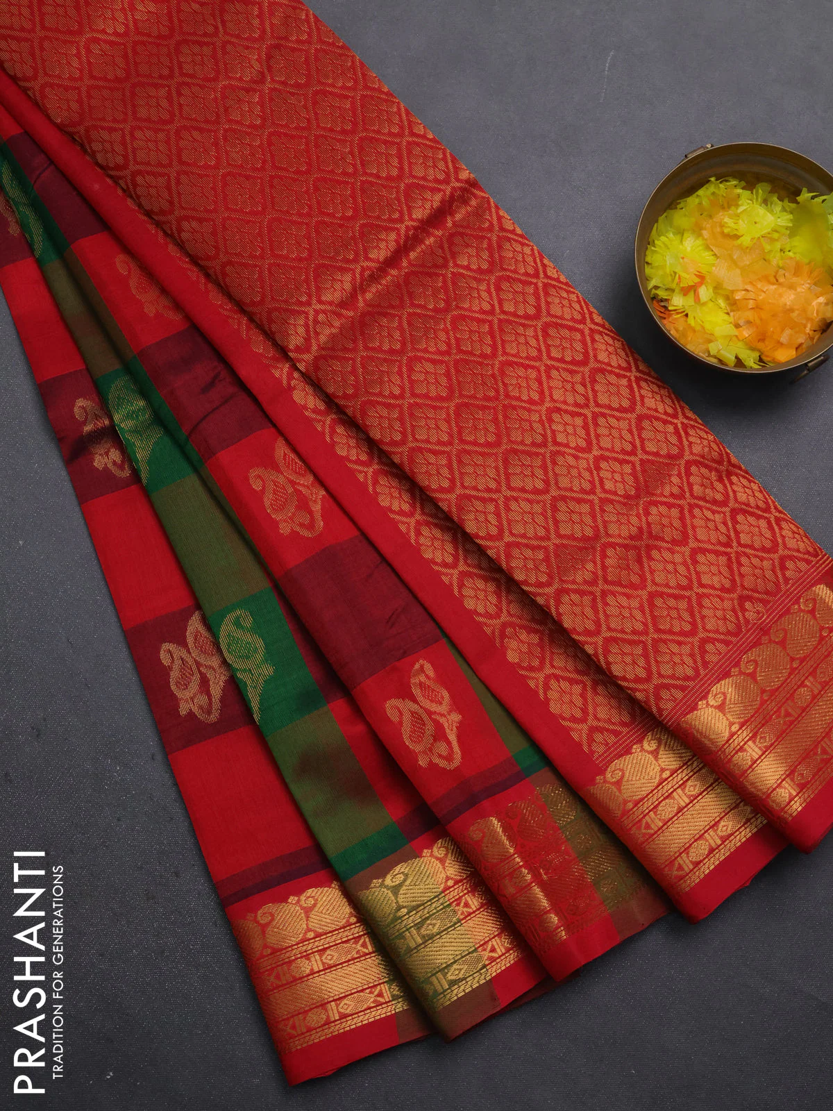 Silk cotton saree multi colour and red with allover paalum pazhamum checked pattern & paisley zari woven buttas and zari woven border