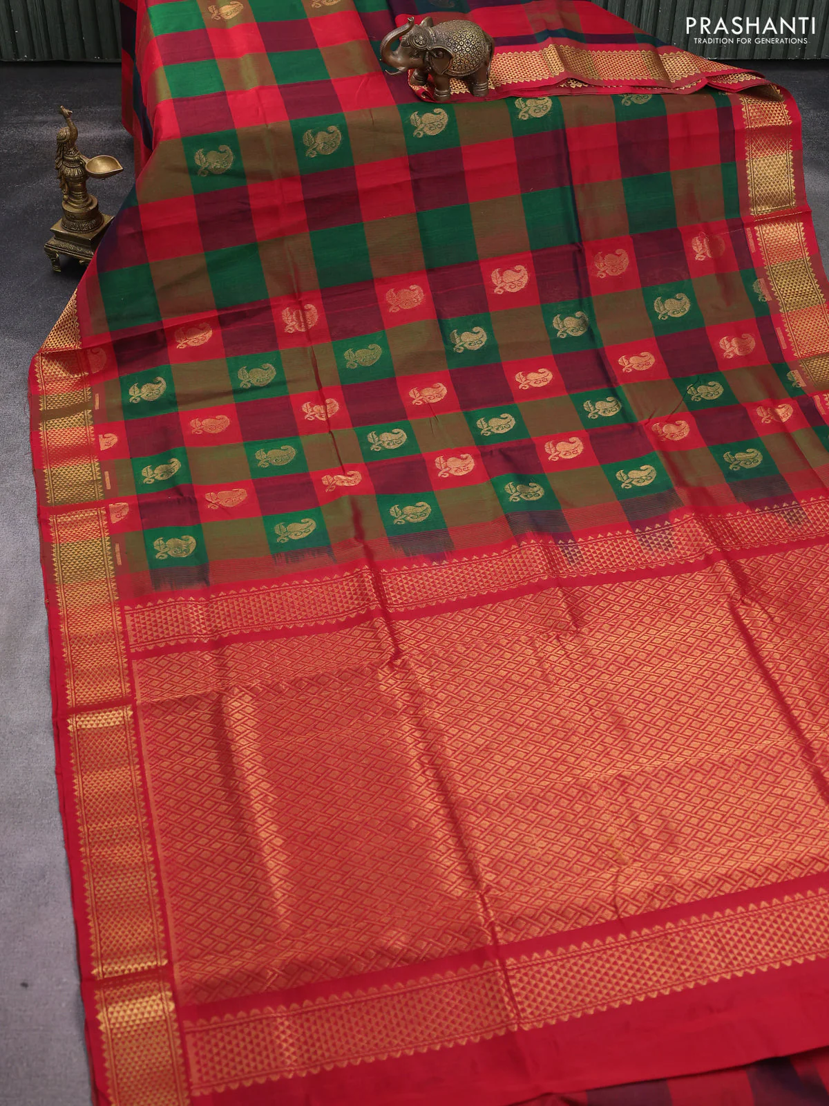 silk cotton saree multi colour and red with allover paalum pazhamum checked pattern & zari woven buttas and zari woven border - Image 2