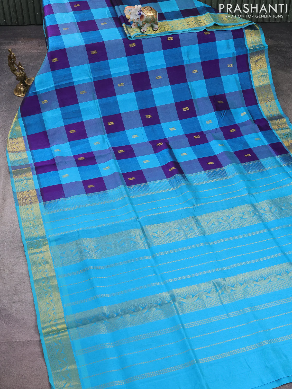 Silk cotton saree multi colour and teal blue with allover paalum pazhamun checks & zari buttas and zari woven border - Image 2