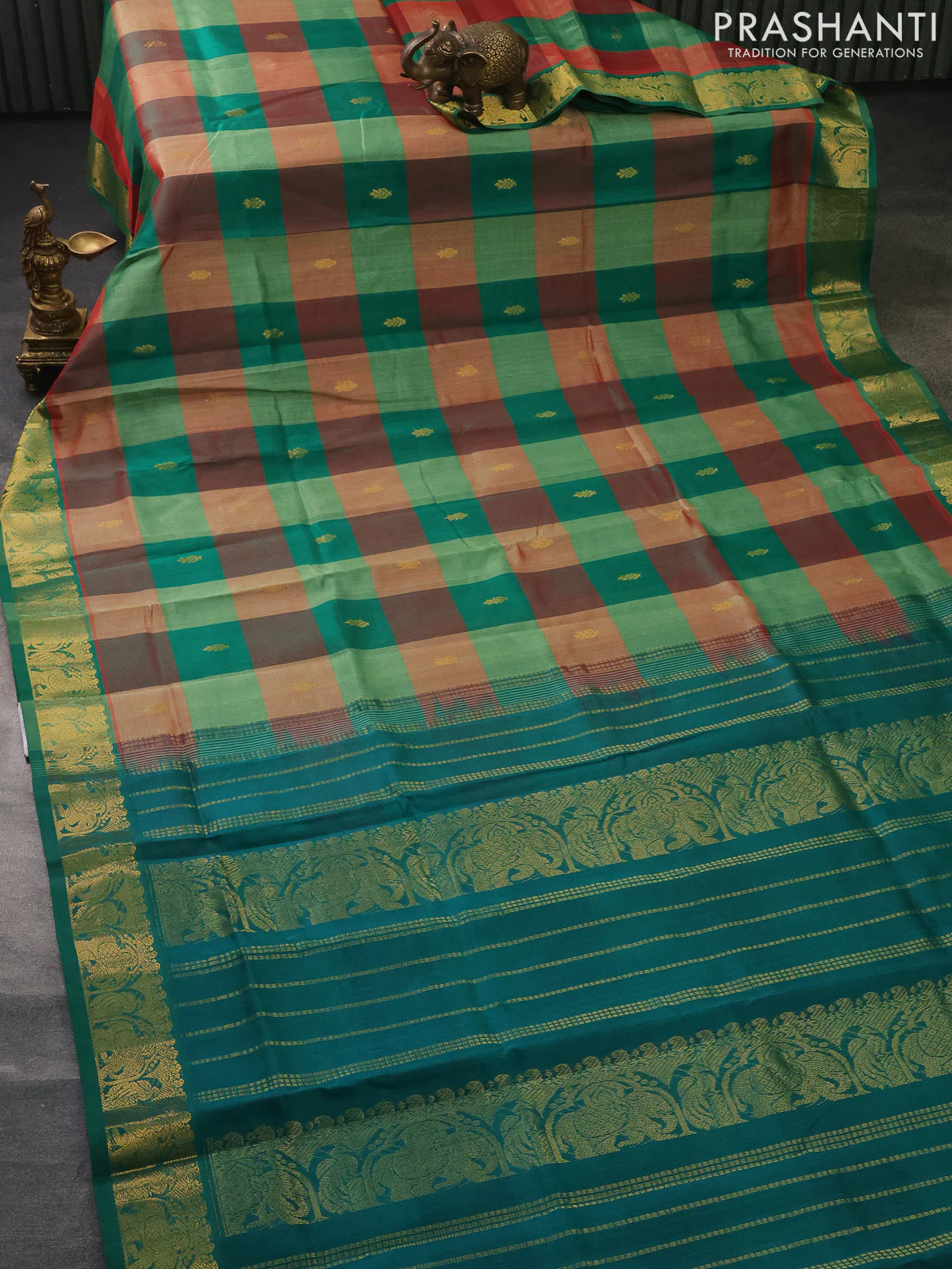 Silk cotton saree multi colour and teal green with allover paalum pazhamun checks & zari buttas and zari woven border - Image 2