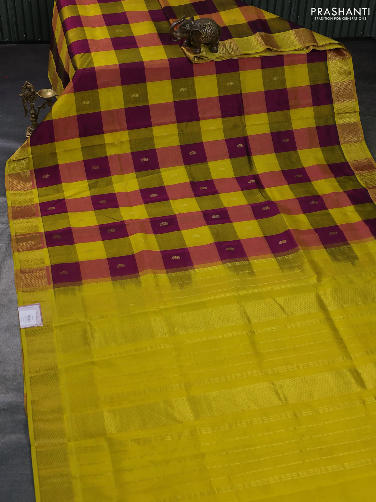 Silk cotton saree multi colour and yellow with allover paalum pazhamum checks & buttas and zari woven border - Image 2