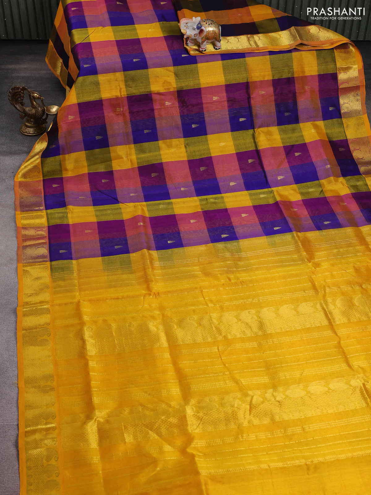 Silk cotton saree multi colour and yellow with allover paalum pazhamum checks pattern & temple zari buttas and zari woven paisley border - Image 2