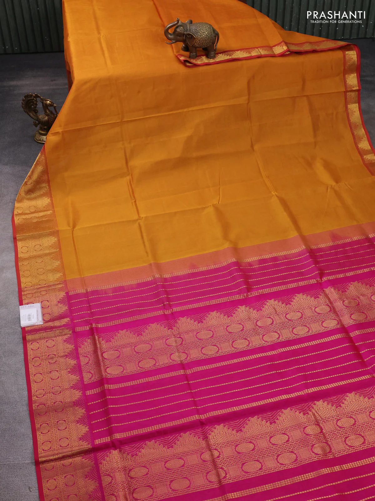 Silk cotton saree mustard yellow and pink with plain body and zari woven border - Image 2