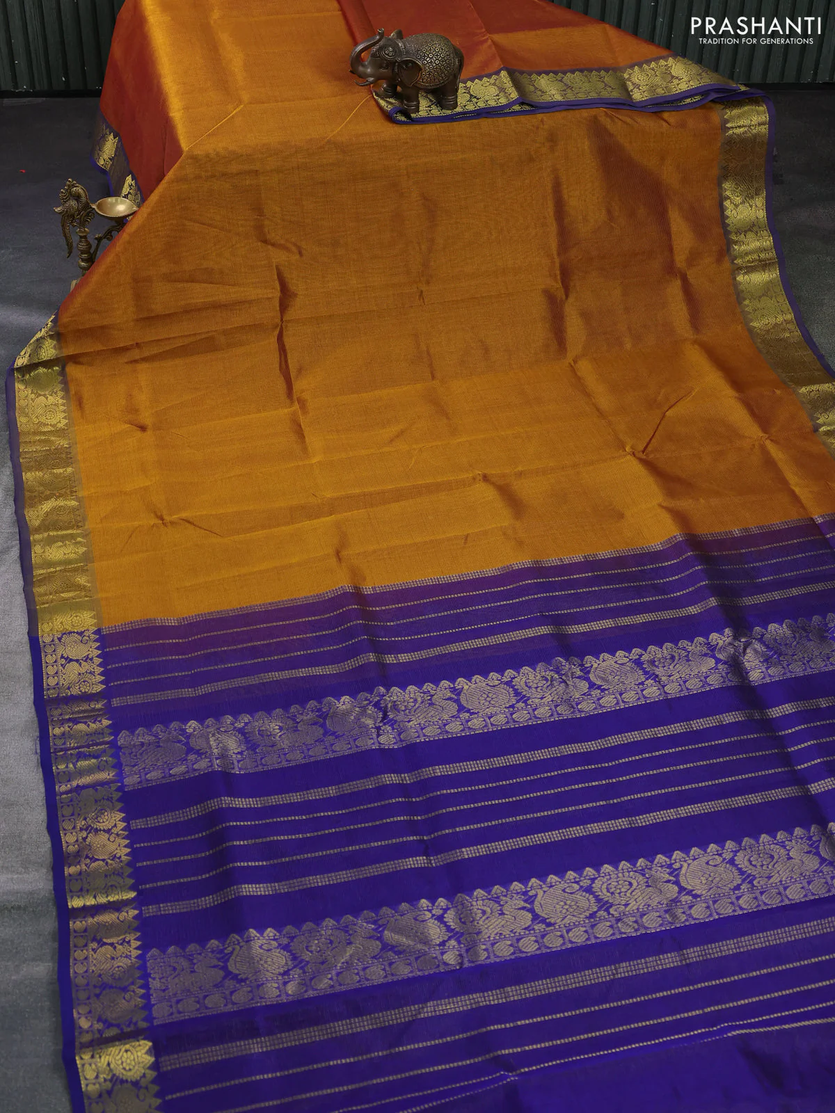 Silk cotton saree mustard yellow and violet with allover vairosi pattern and annam zari woven border - Image 2
