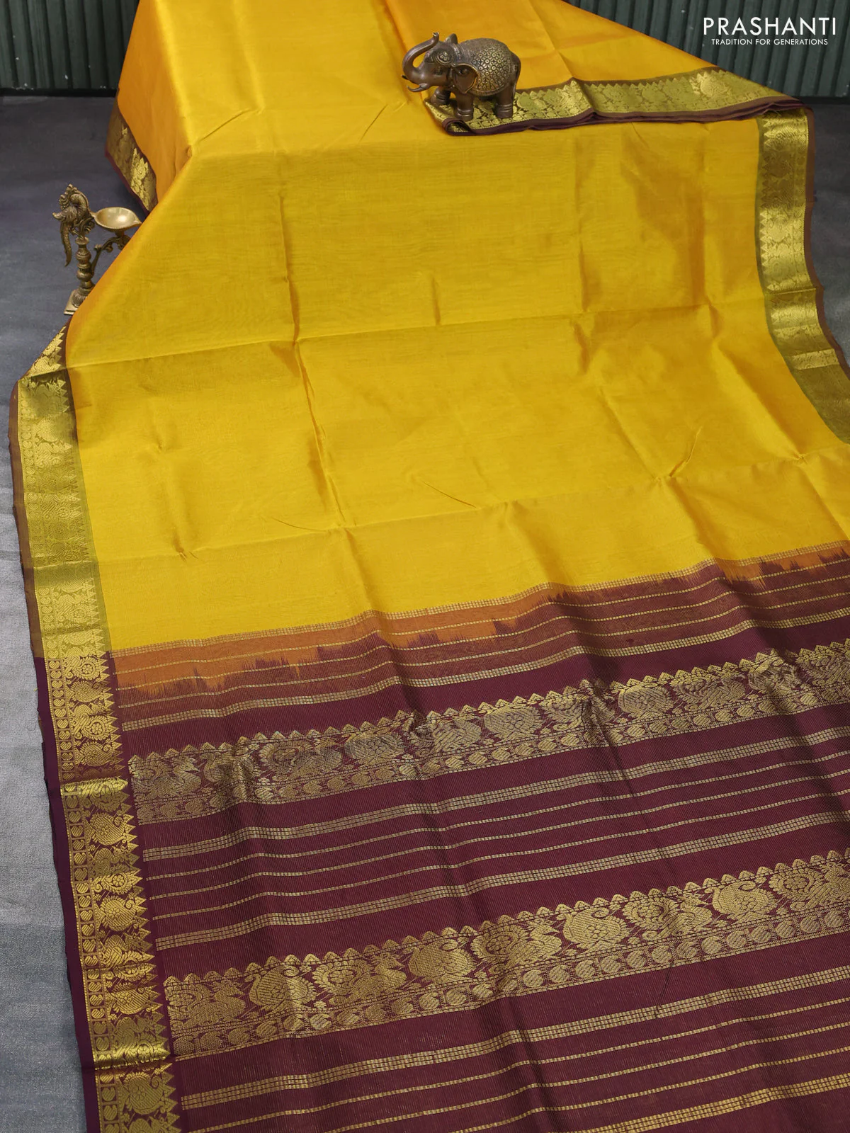 Silk cotton saree mustard yellow and wine shade with allover vairosi pattern and annam zari woven border - Image 2