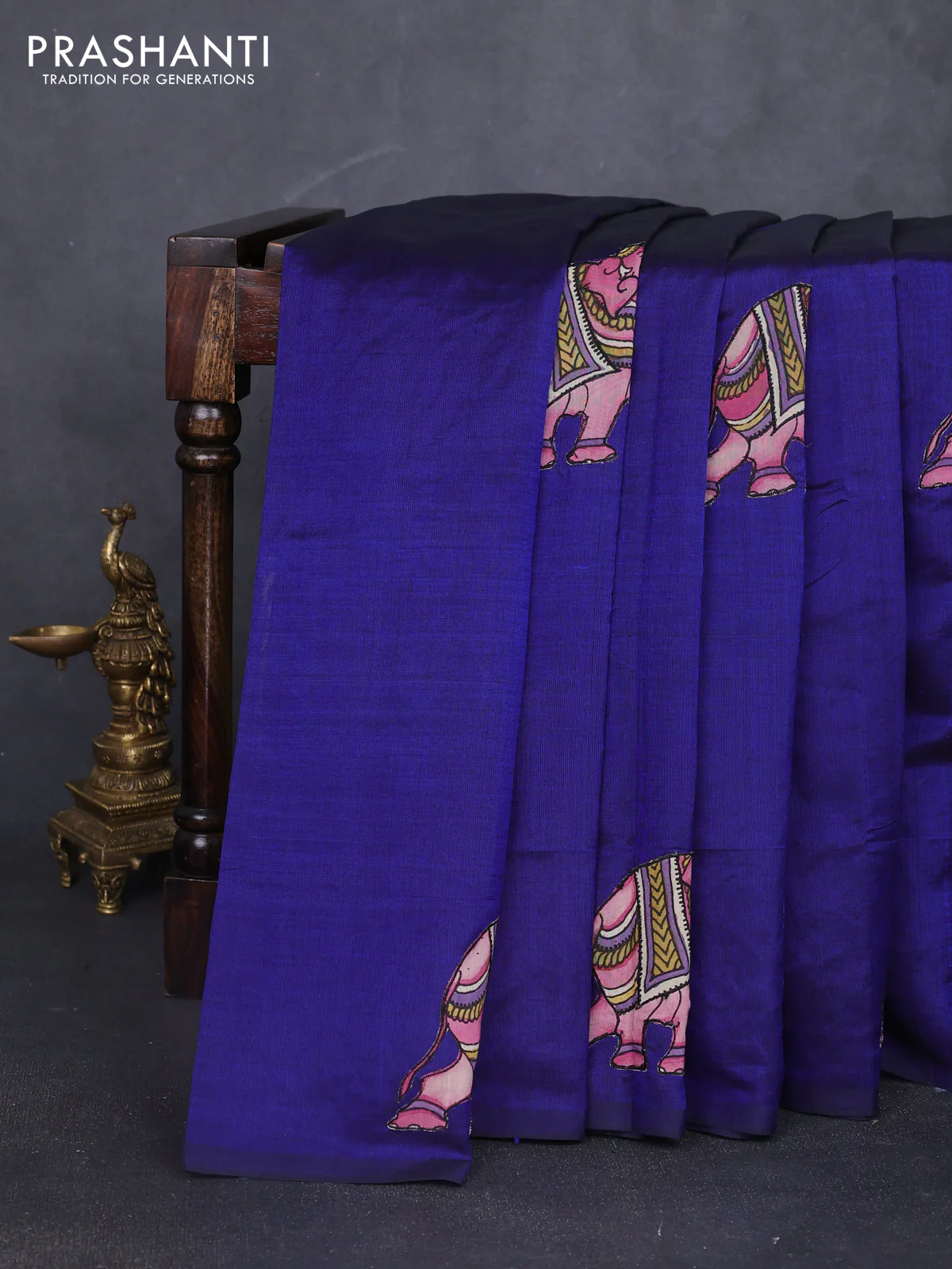 Silk cotton saree navy blue with kalamkari applique work in borderless style