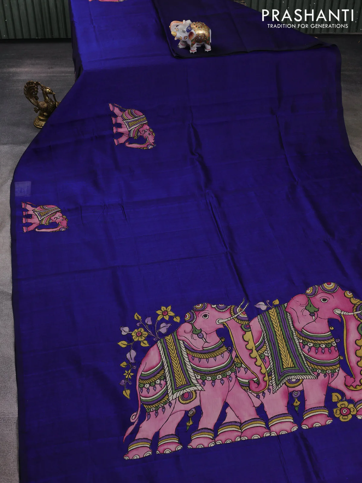 Silk cotton saree navy blue with kalamkari applique work in borderless style - Image 2