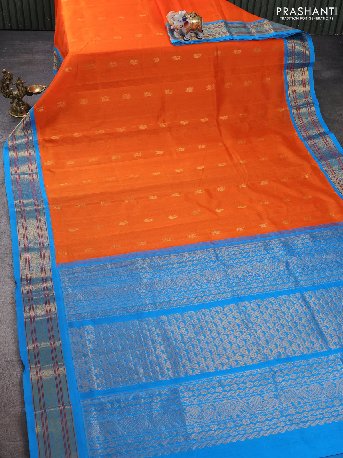 Silk cotton saree orange and cs blue with zari woven buttas and zari woven korvai border - Image 2