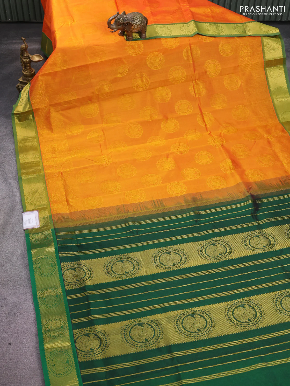 silk cotton saree orange and green with allover self emboss jacquard and annam zari woven border - Image 2
