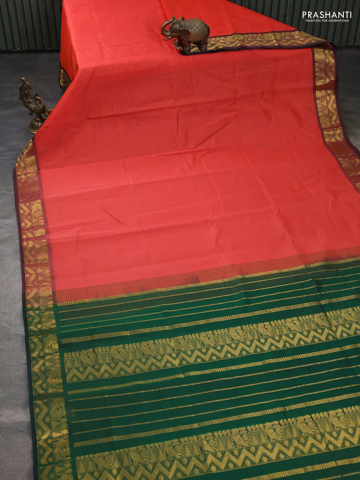 Silk cotton saree orange and green with plain body and annam zari woven border - Image 2