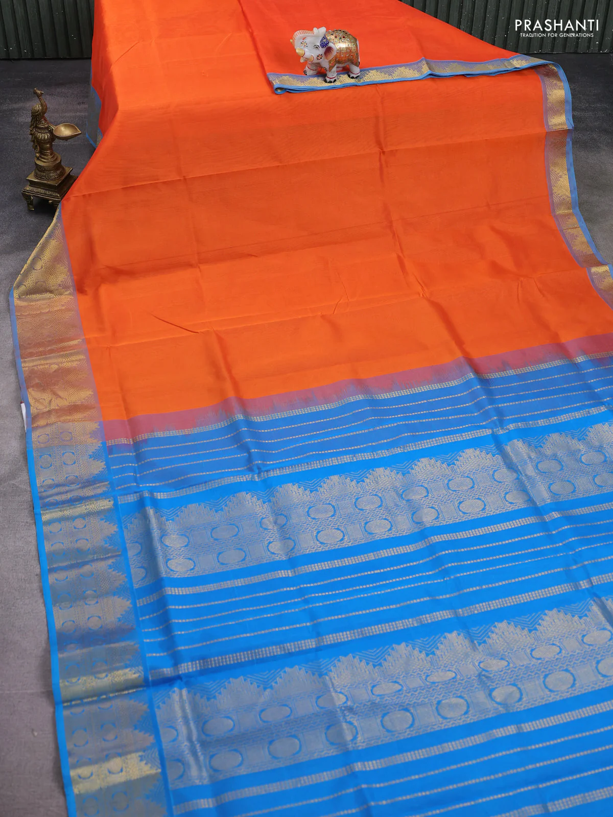 Silk cotton saree orange and teal blue with plain body and temple zari woven border - Image 2