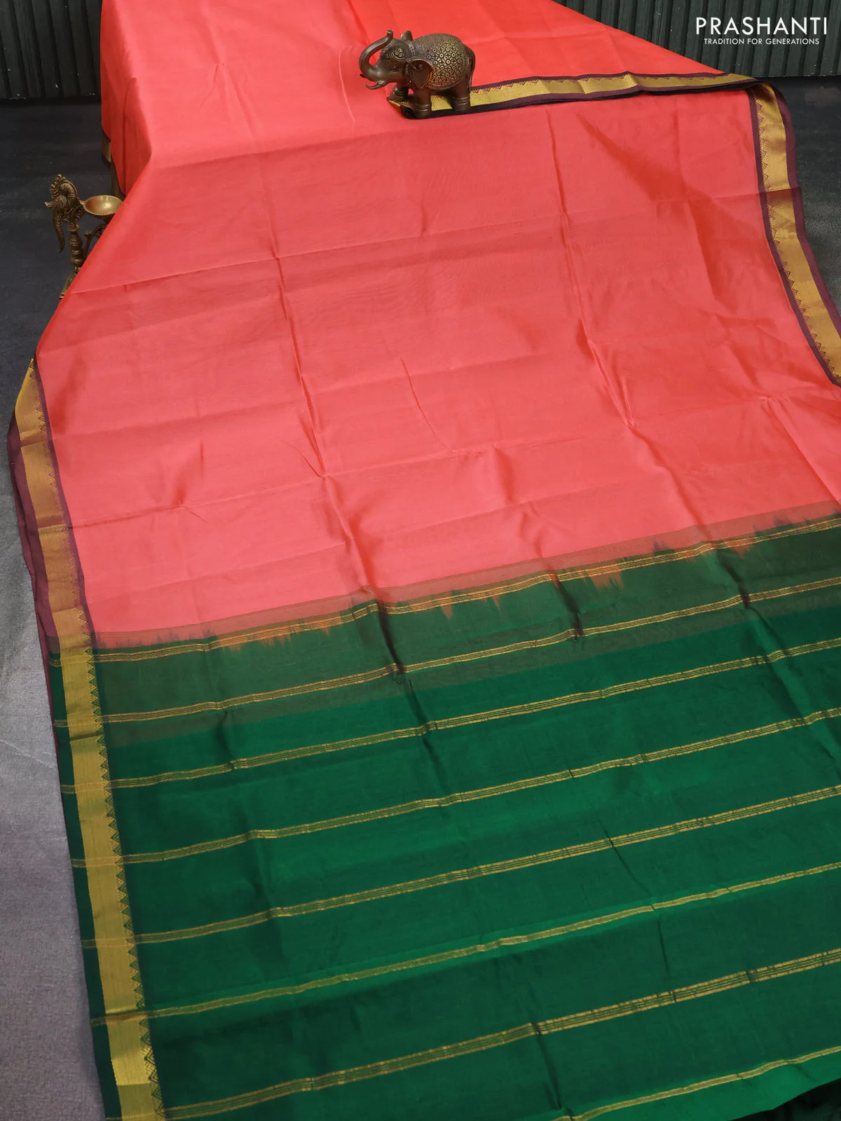 Silk cotton saree peach orange and green with plain body and zari woven border - Image 2