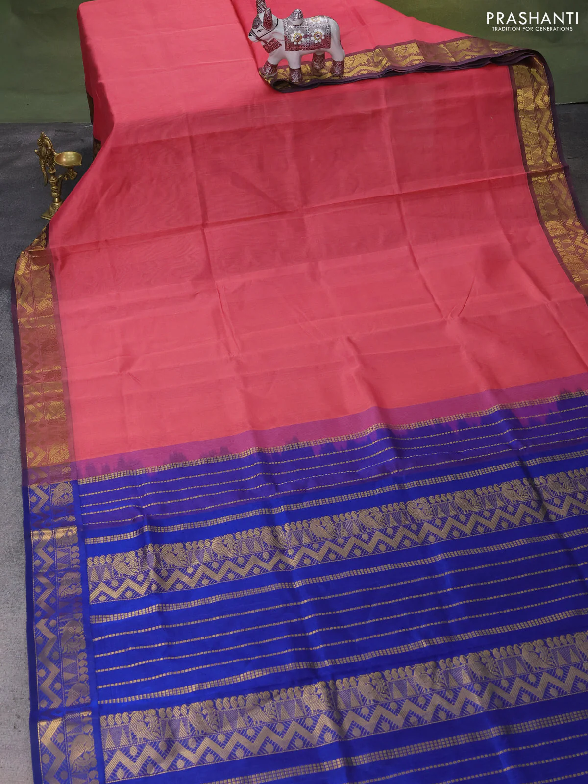 Silk Cotton saree peach pink and blue with plain body and zari woven border - Image 2