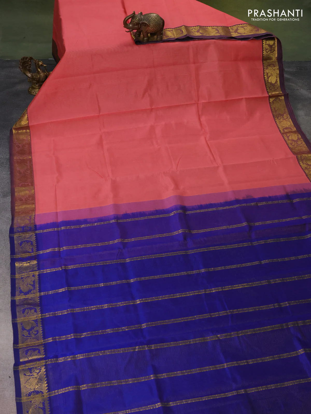 Silk cotton saree peach shade and blue with allover vairaosi pattern and zari woven border - Image 2