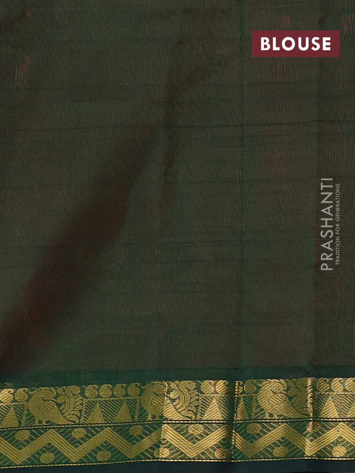 Silk cotton saree peach shade and bottle green with plain body and zari woven border - Image 3