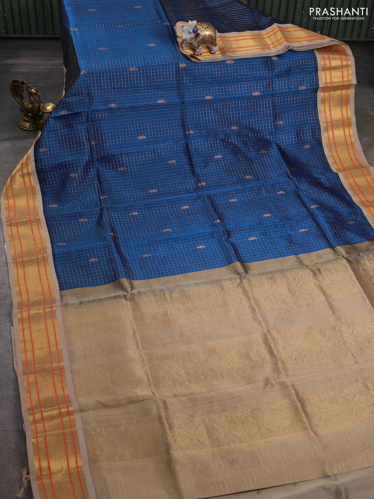 Silk cotton saree peacock blue and beige with allover zari checks & buttas and zari woven korvai border - Image 2