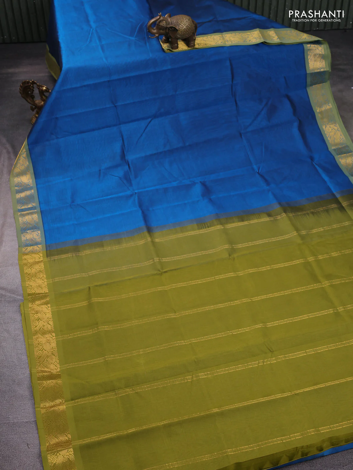 Silk cotton saree peacock blue and mehendi green with plain body and zari woven border - Image 2