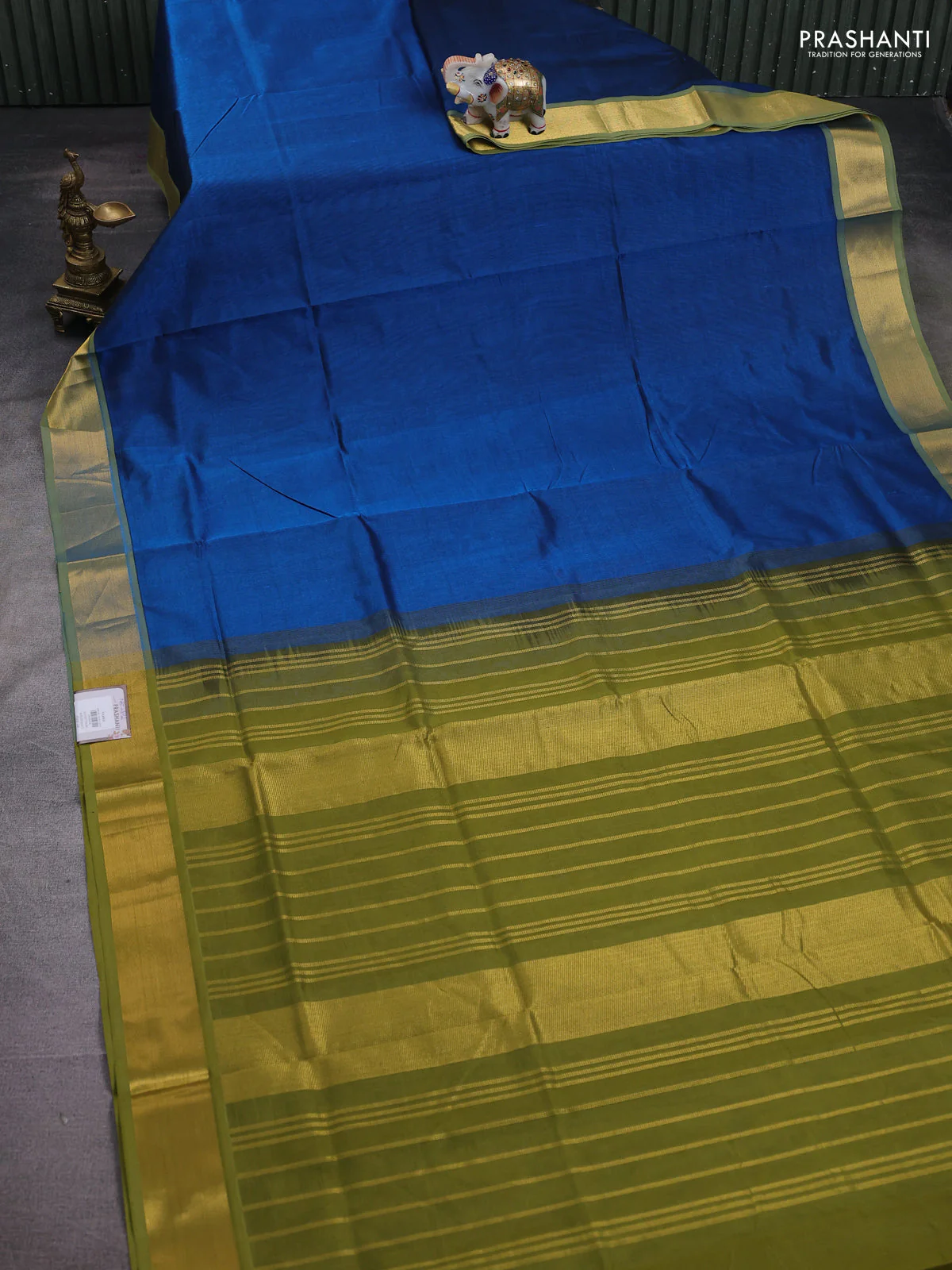 Silk cotton saree peacock blue and mehendi green with plain body and zari woven border - Image 2