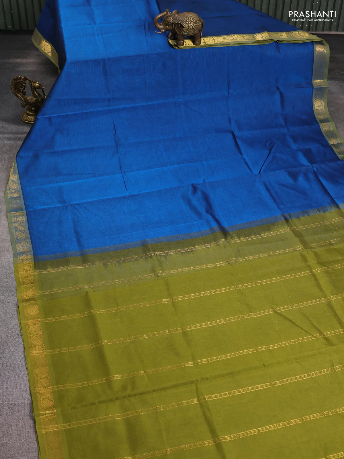Silk cotton saree peacock blue and mehendi green with plain body and zari woven border - Image 2