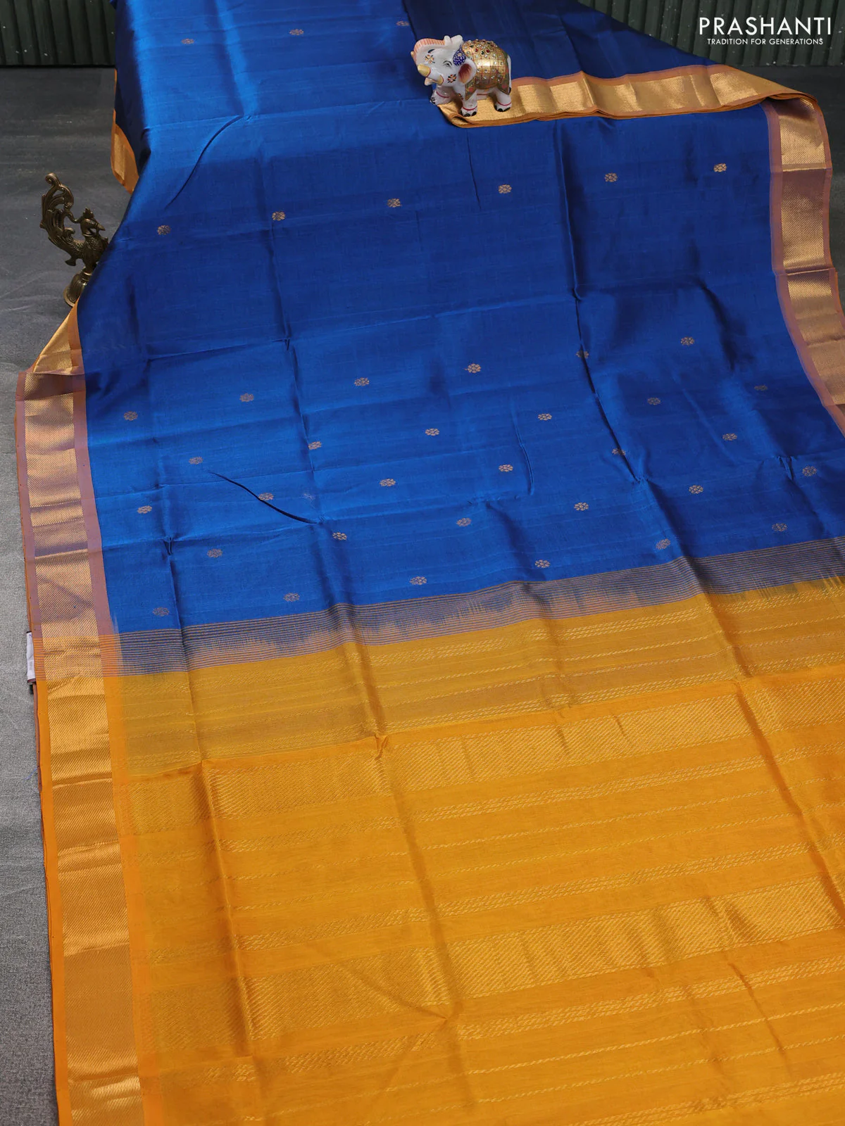 Silk cotton saree peacock blue and mustard yellow with allover zari woven buttas and zari woven border - Image 2