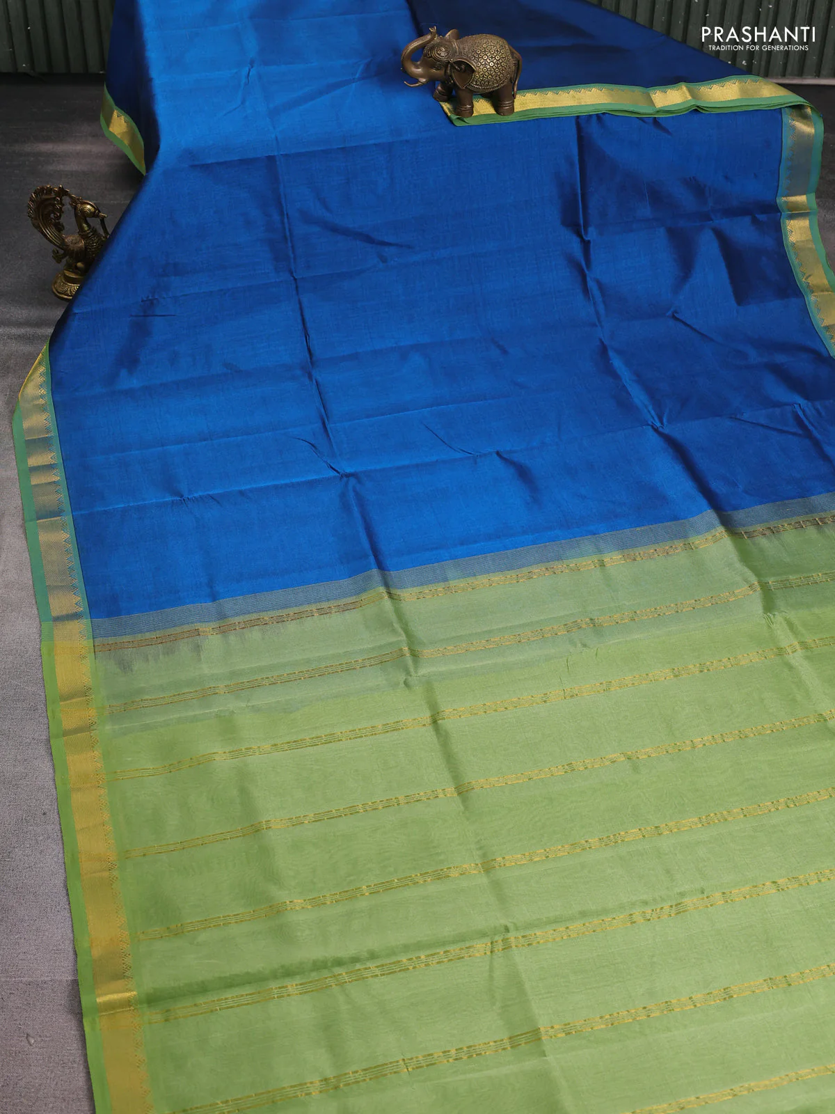 Silk cotton saree peacock blue and pastel green with plain body and zari woven border - Image 2
