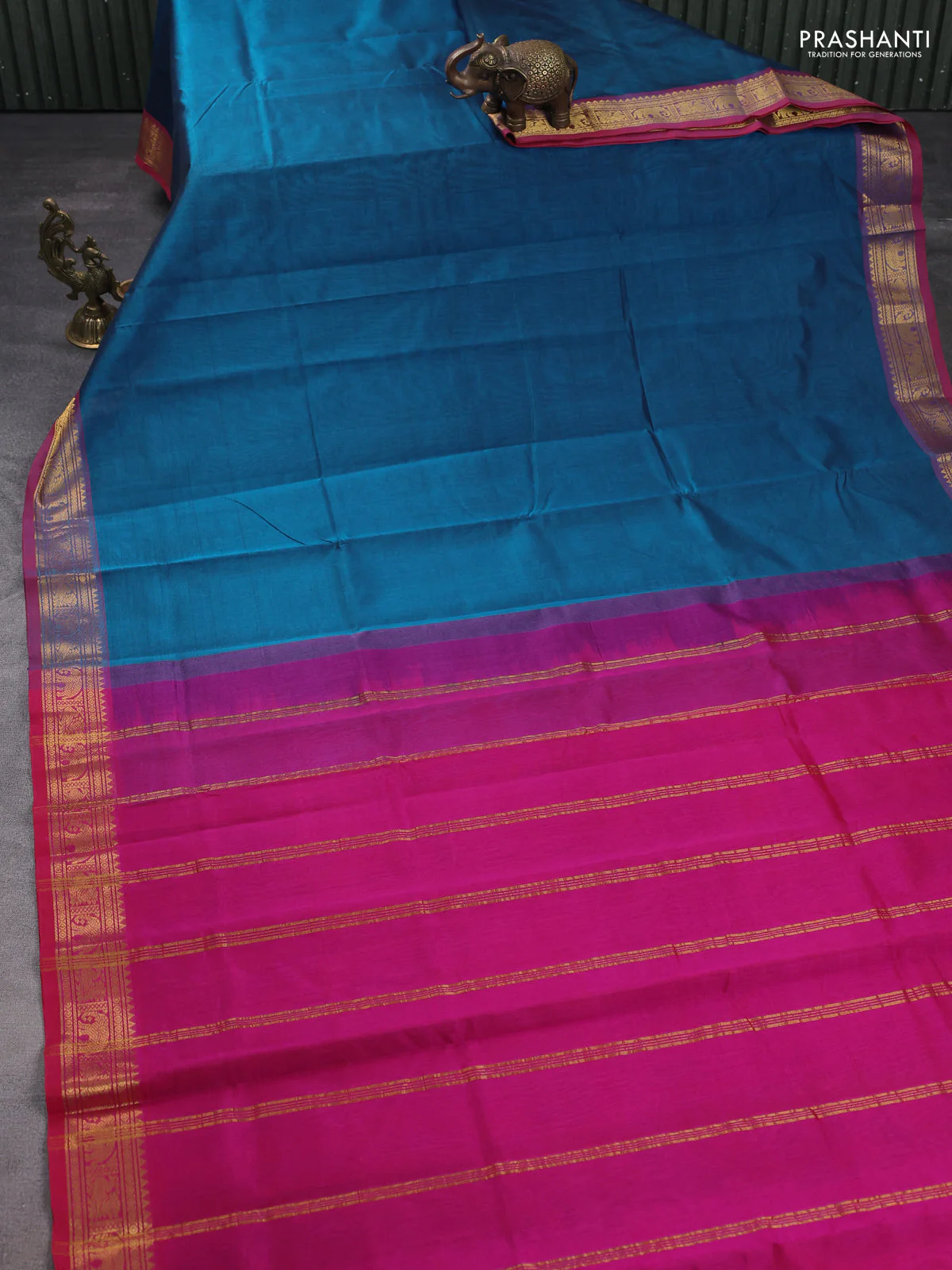 Silk cotton saree peacock blue and pink with plain body and zari woven border - Image 2