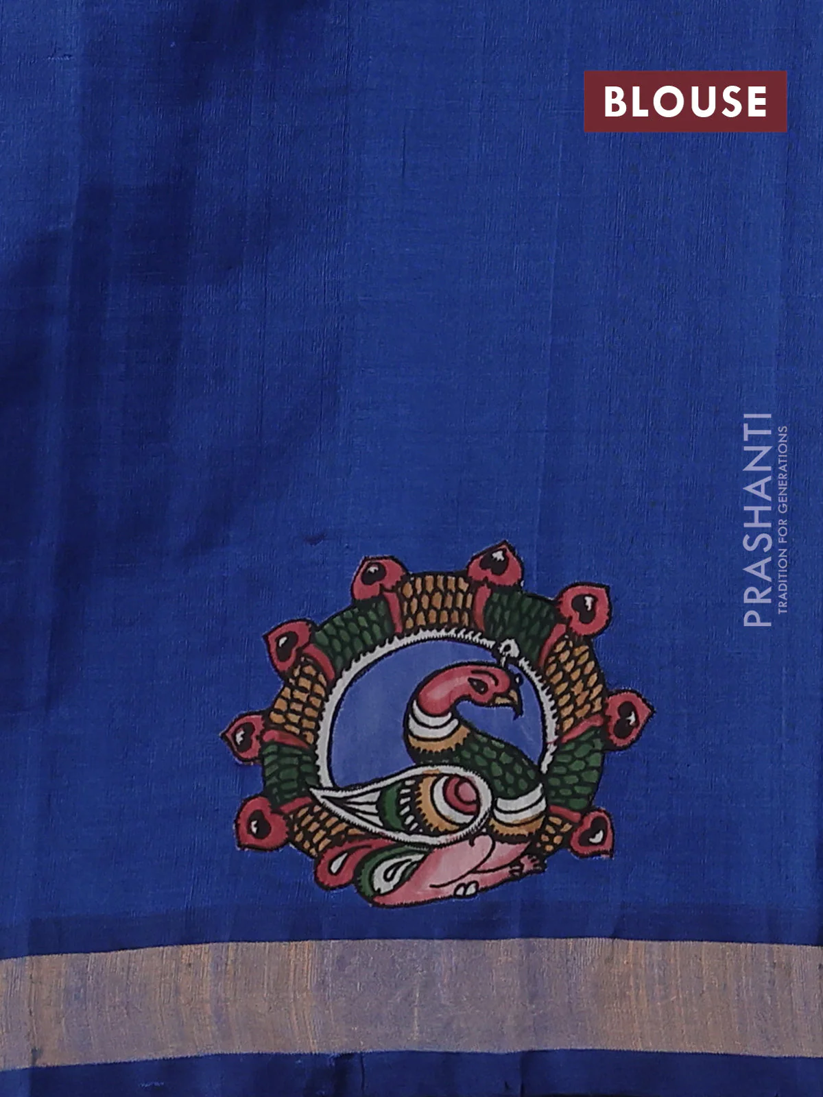 Silk cotton saree peacock blue with kalamkari applique work and zari woven border - Image 3