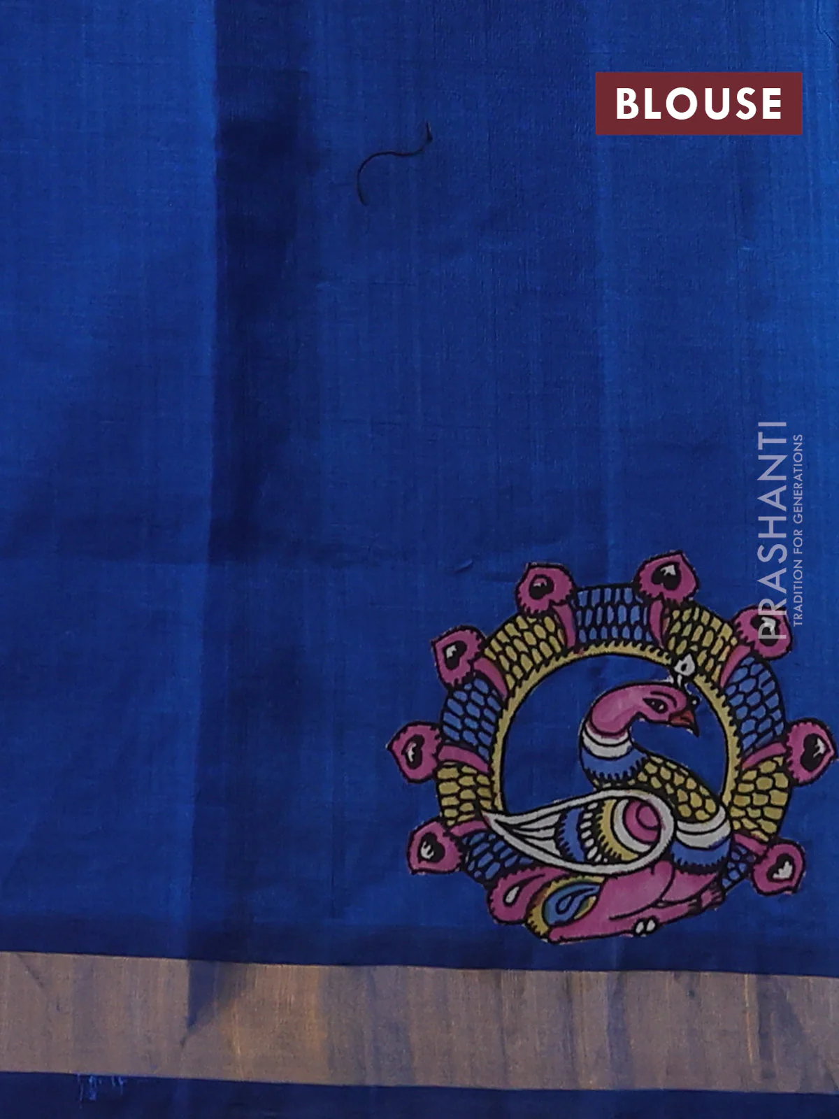 Silk cotton saree peacock blue with kalamkari applique work and zari woven border - Image 3