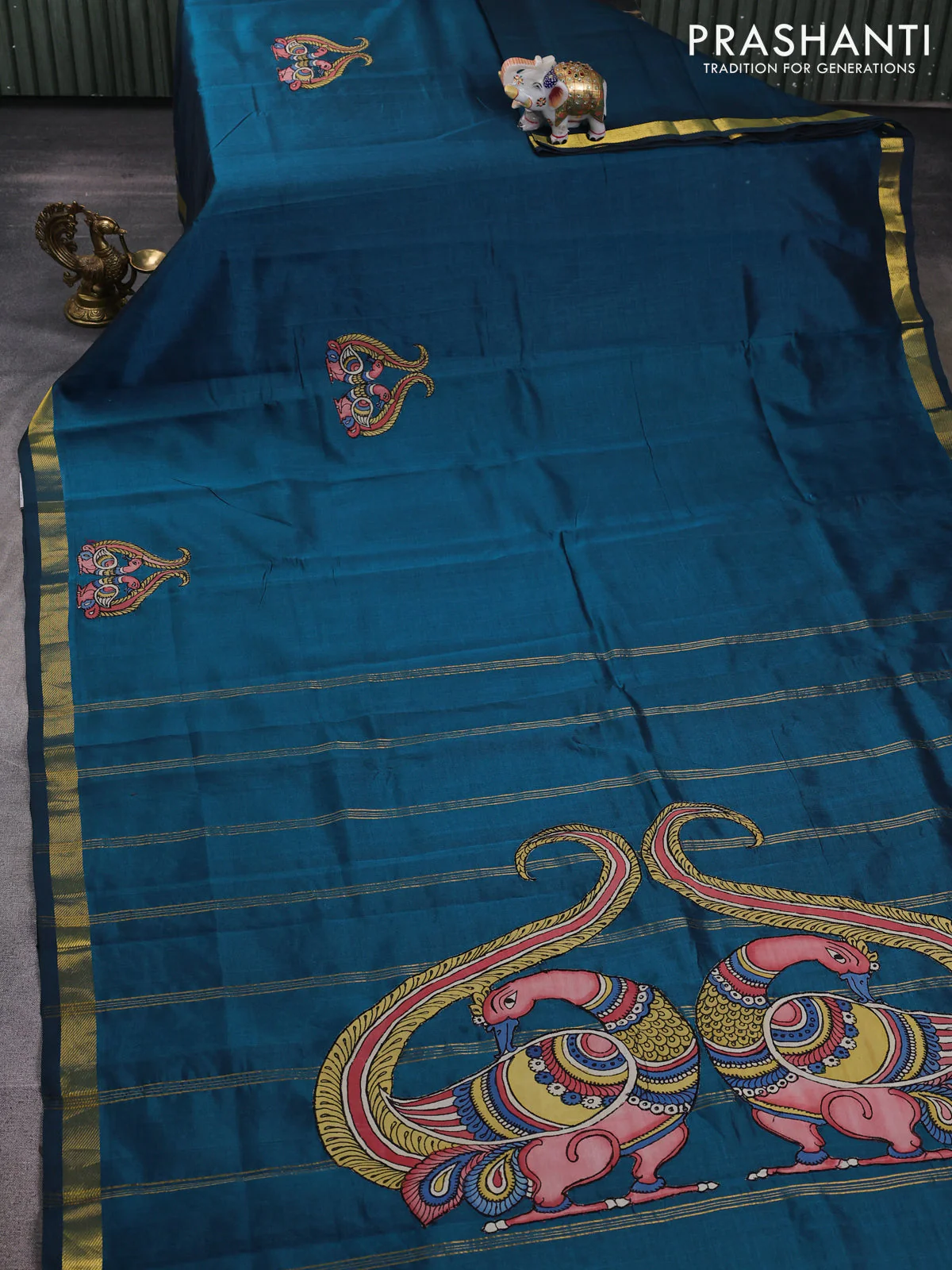Silk cotton saree peacock green with kalamkari applique work and zari woven border - Image 2