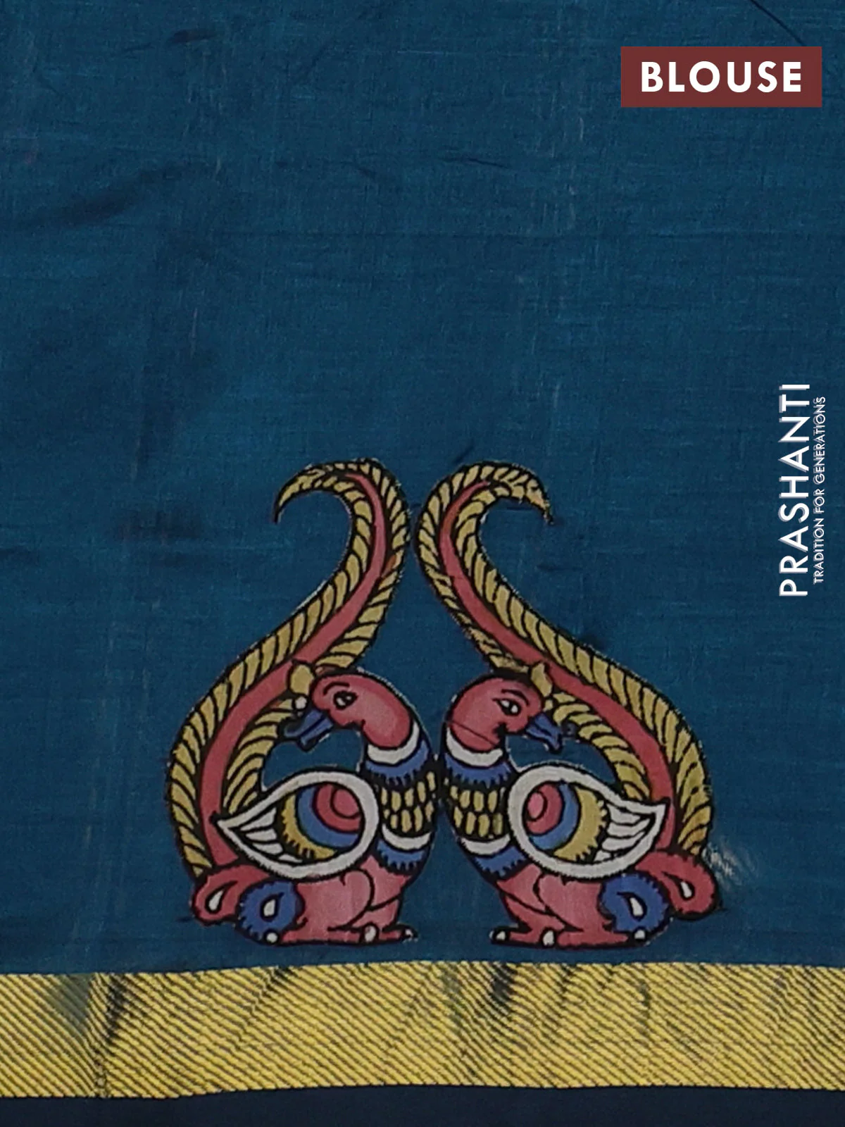 Silk cotton saree peacock green with kalamkari applique work and zari woven border - Image 3