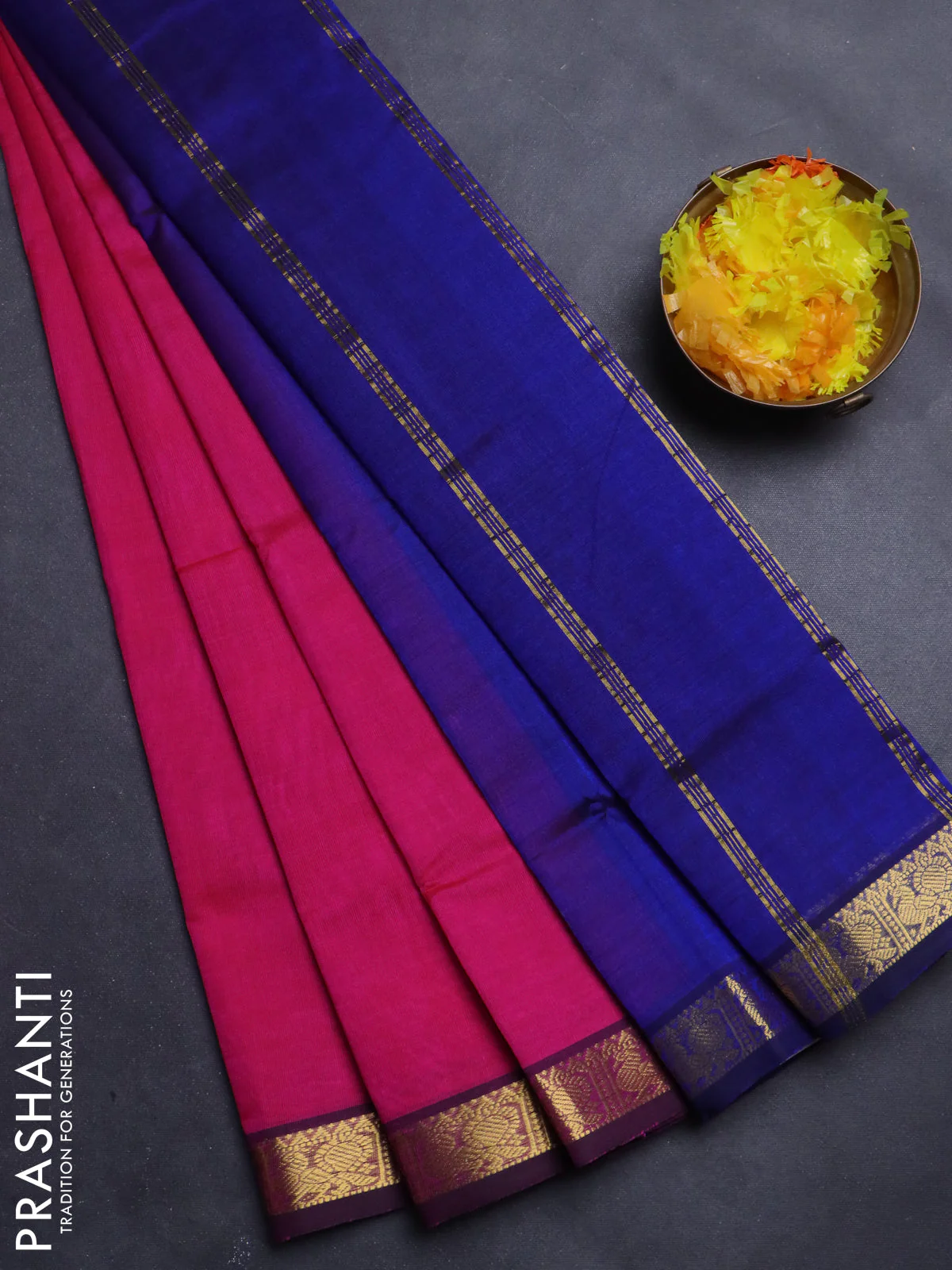 Silk Cotton saree pink and blue with plain body and zari woven border