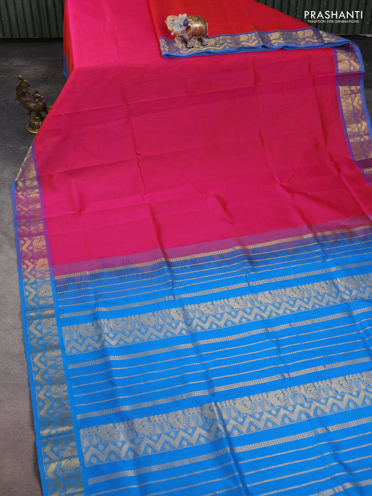 Silk cotton saree pink and cs blue with plain body and zari woven border - Image 2