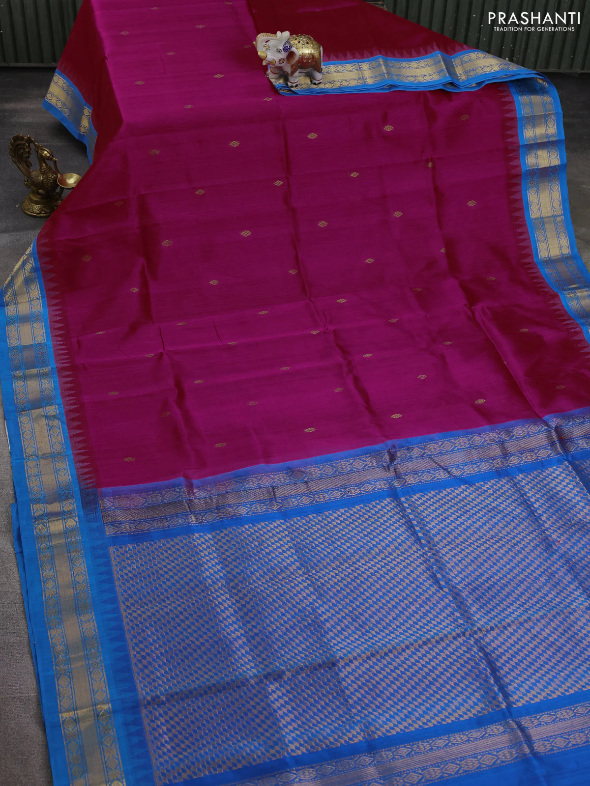 Silk cotton saree pink and cs blue with zari woven buttas and temple design zari woven korvai border - Image 2