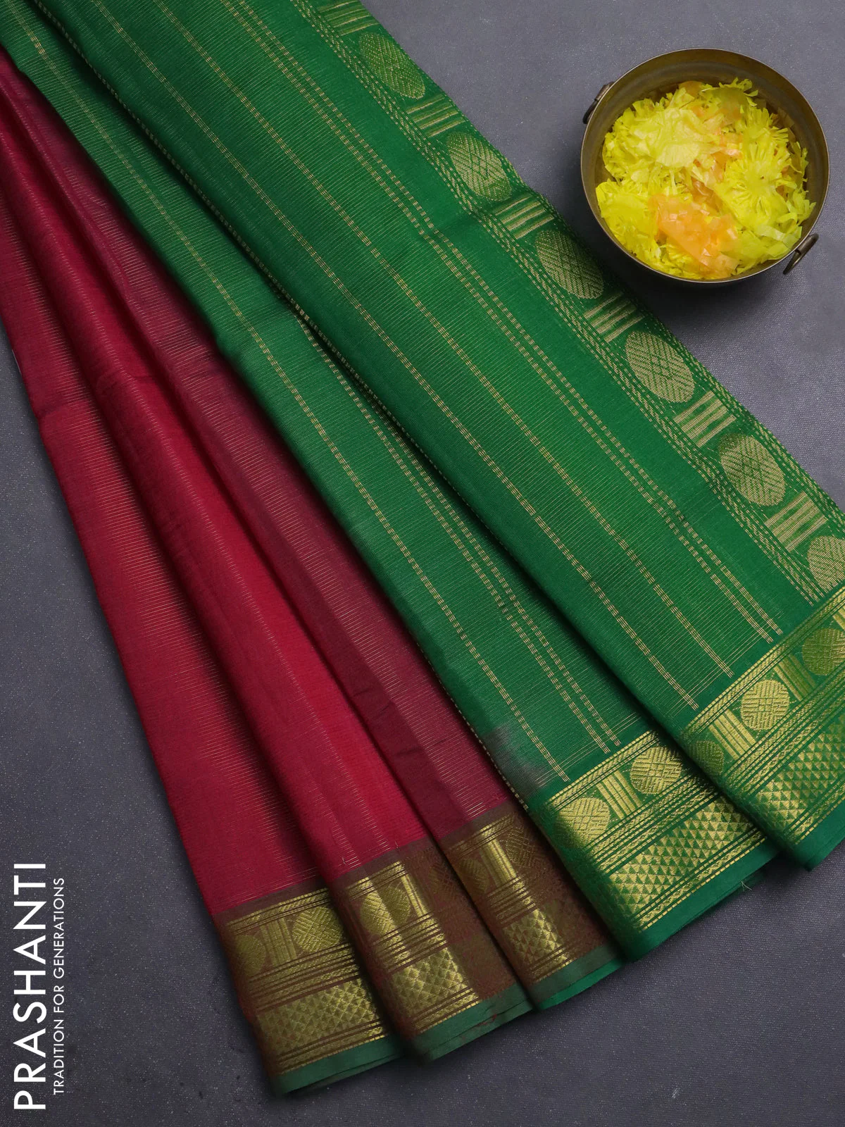 Silk cotton saree pink and green with allover vairosi pattern and zari woven border