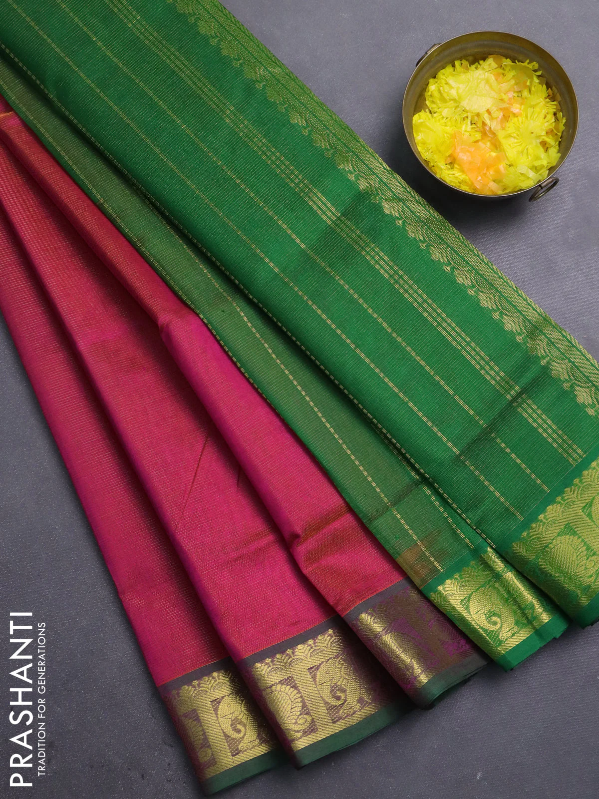 Silk cotton saree pink and green with allover vairosi pattern and zari woven border
