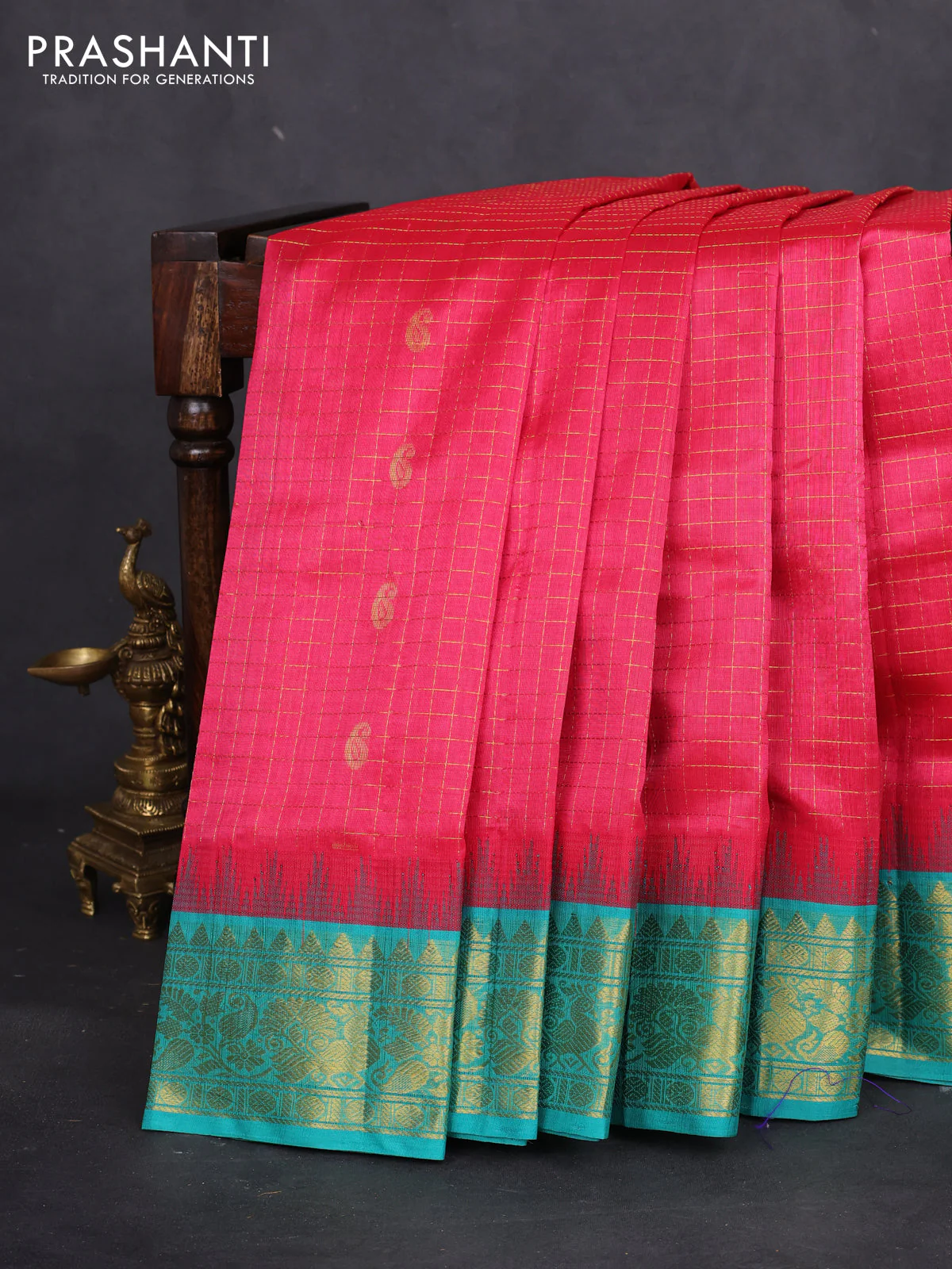Silk cotton saree pink and teal blue with allover zari checks & buttas and temple design zari woven korvai border