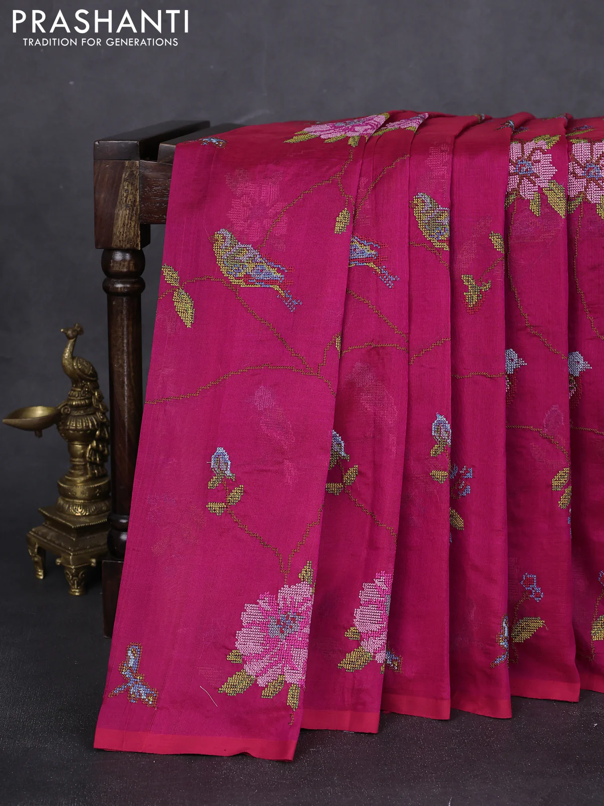 Silk cotton saree pink with allover embroidery in borderless style - Image 2