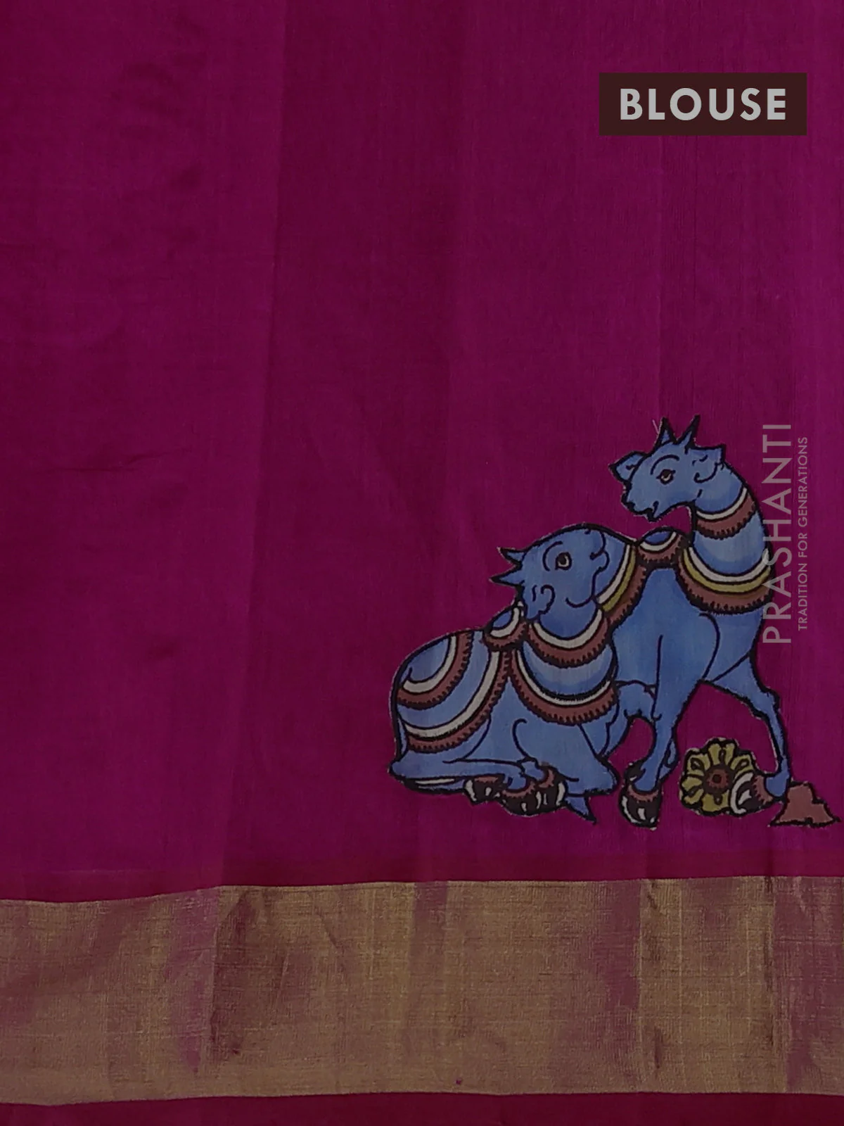 Silk cotton saree pink with kalamkari applique work and zari woven border - Image 3