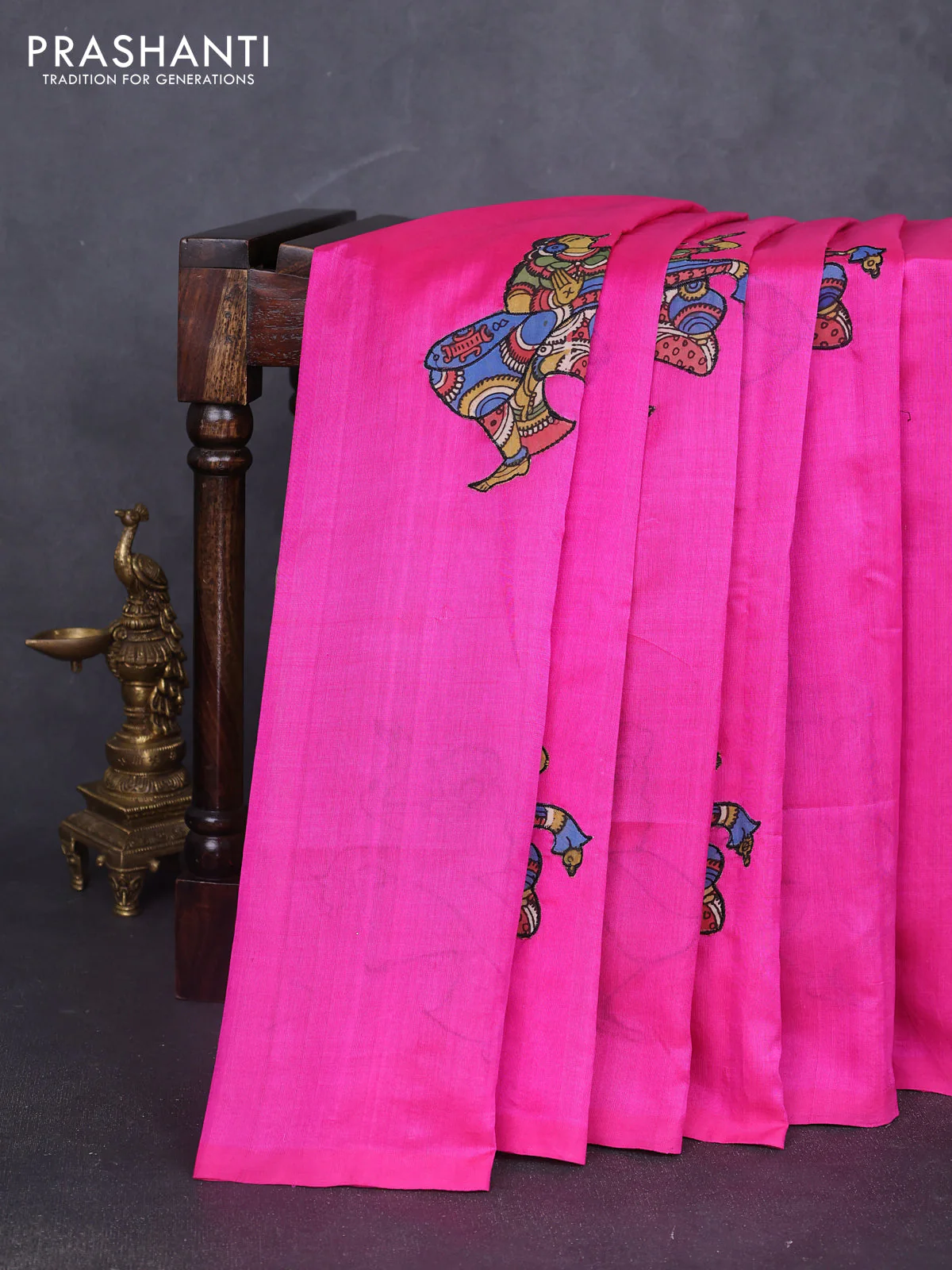 Silk cotton saree pink with kalamkari applique work in borderless style