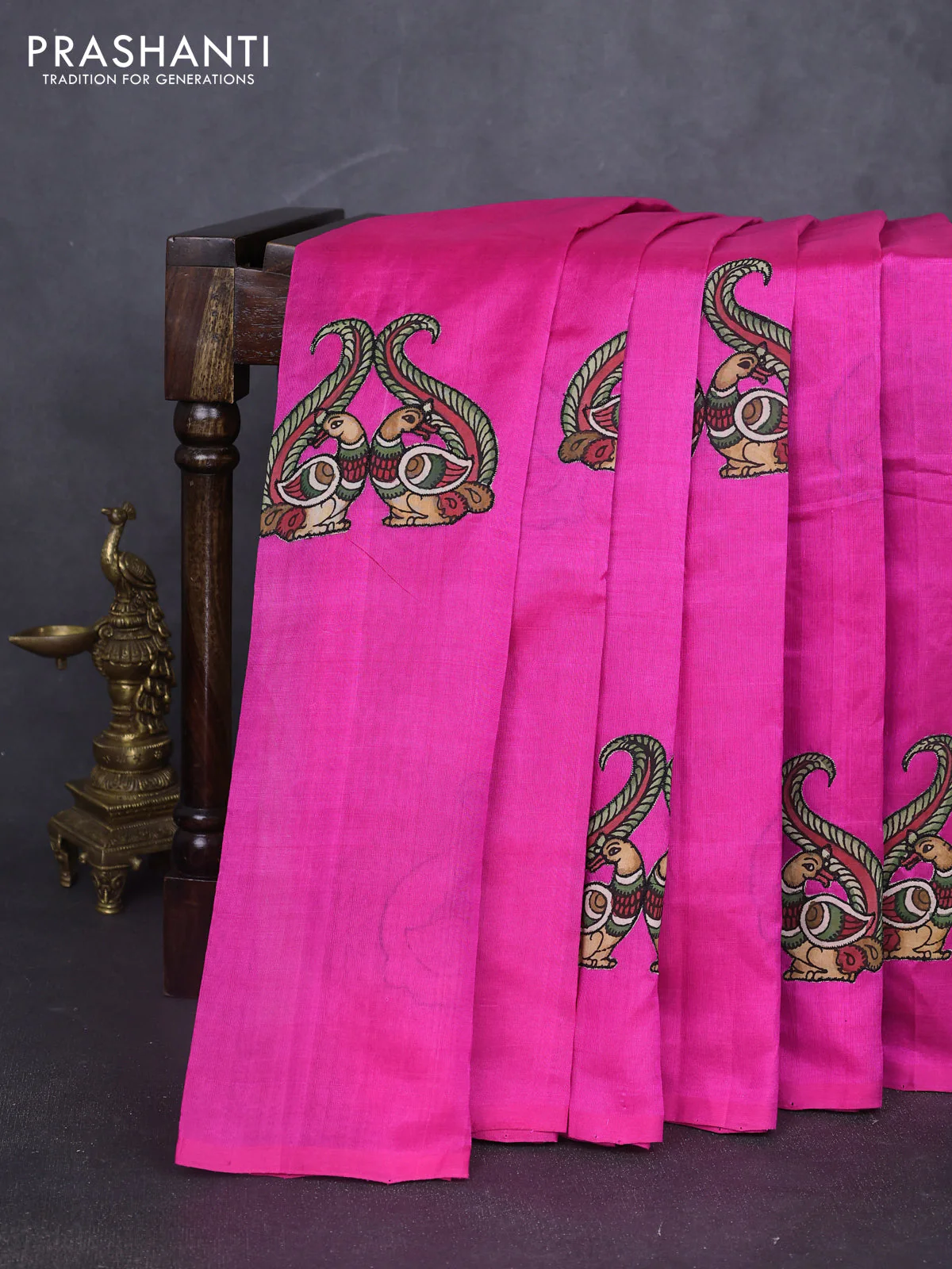 Silk cotton saree pink with kalamkari applique work in borderless style