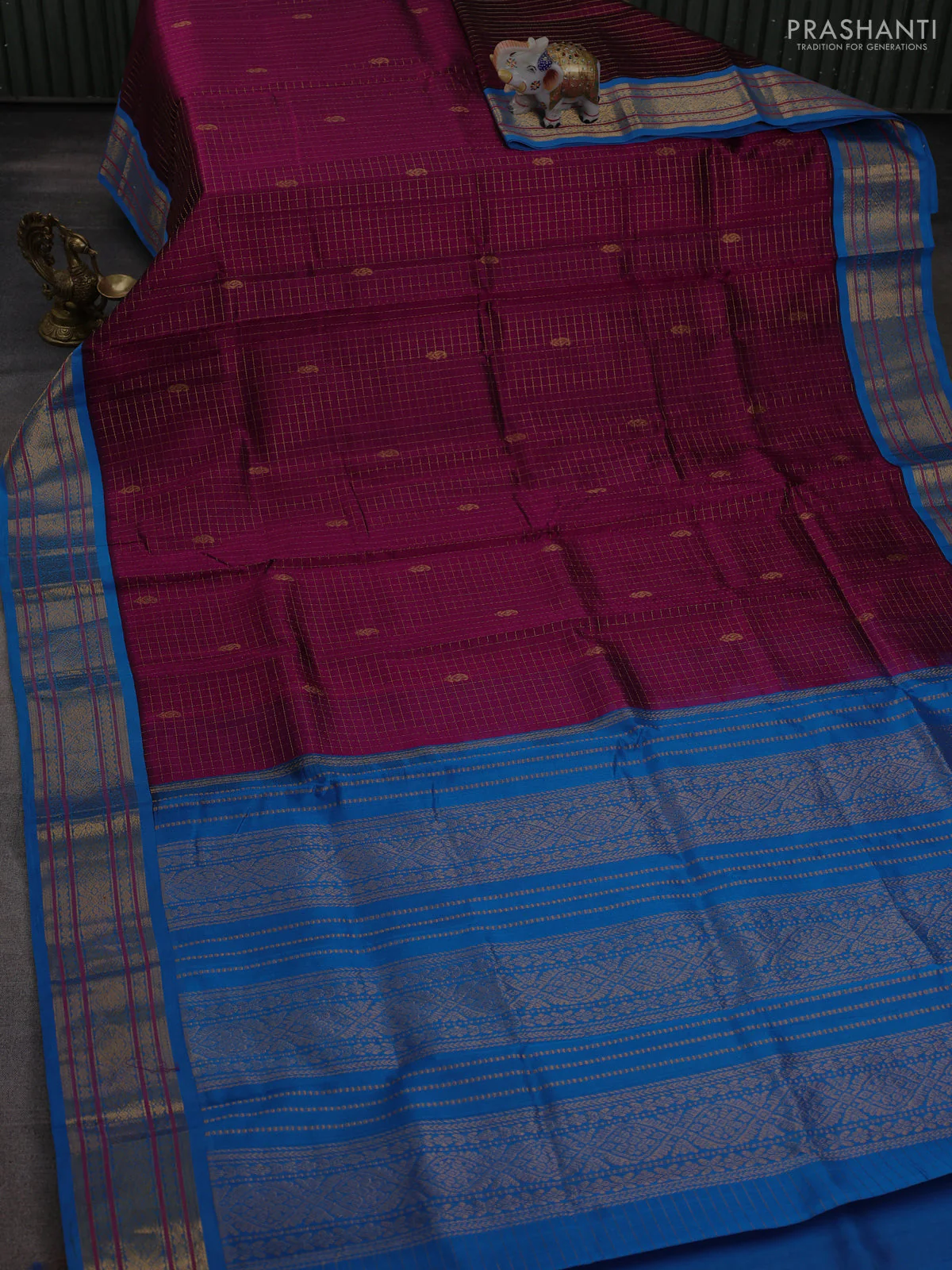 Silk cotton saree purple and cs blue with allover zari checks & buttas and zari woven korvai border - Image 2