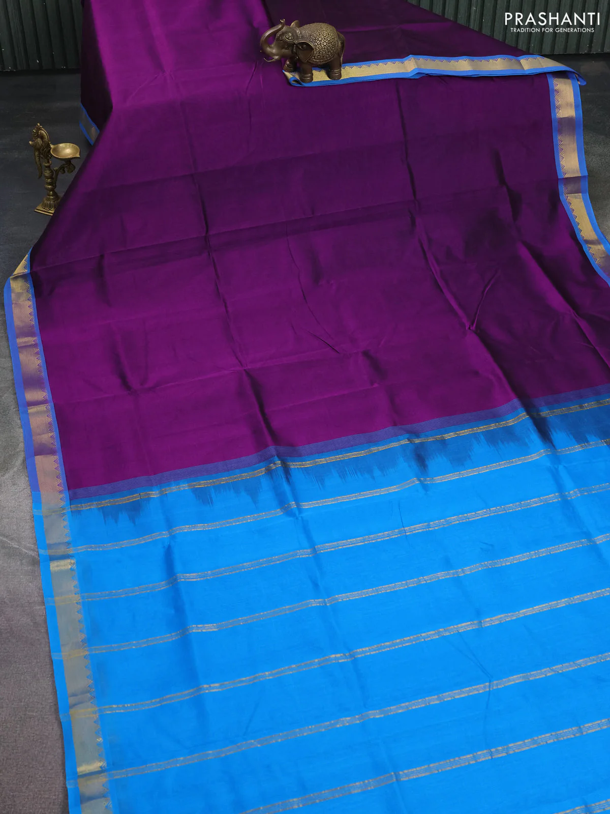 Silk cotton saree purple and cs blue with plain body and zari woven border - Image 2