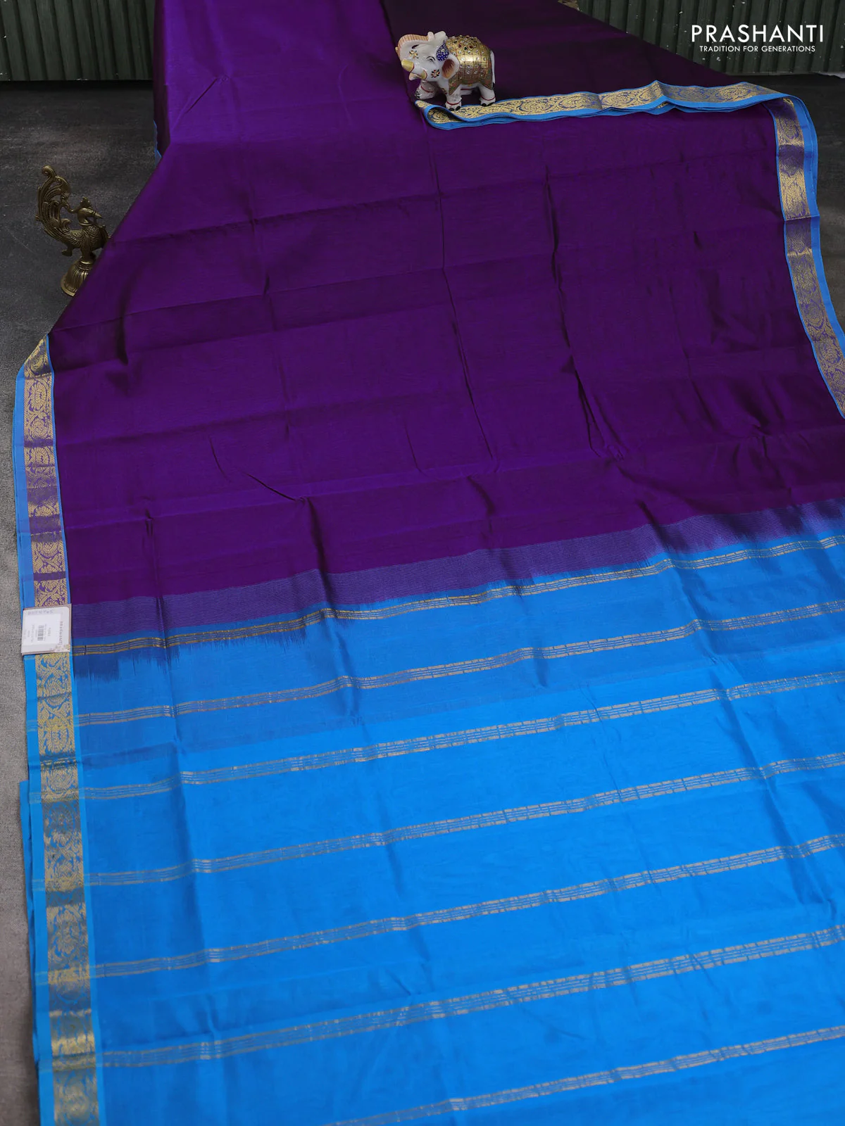 Silk cotton saree purple and cs blue with plain body and zari woven border - Image 2