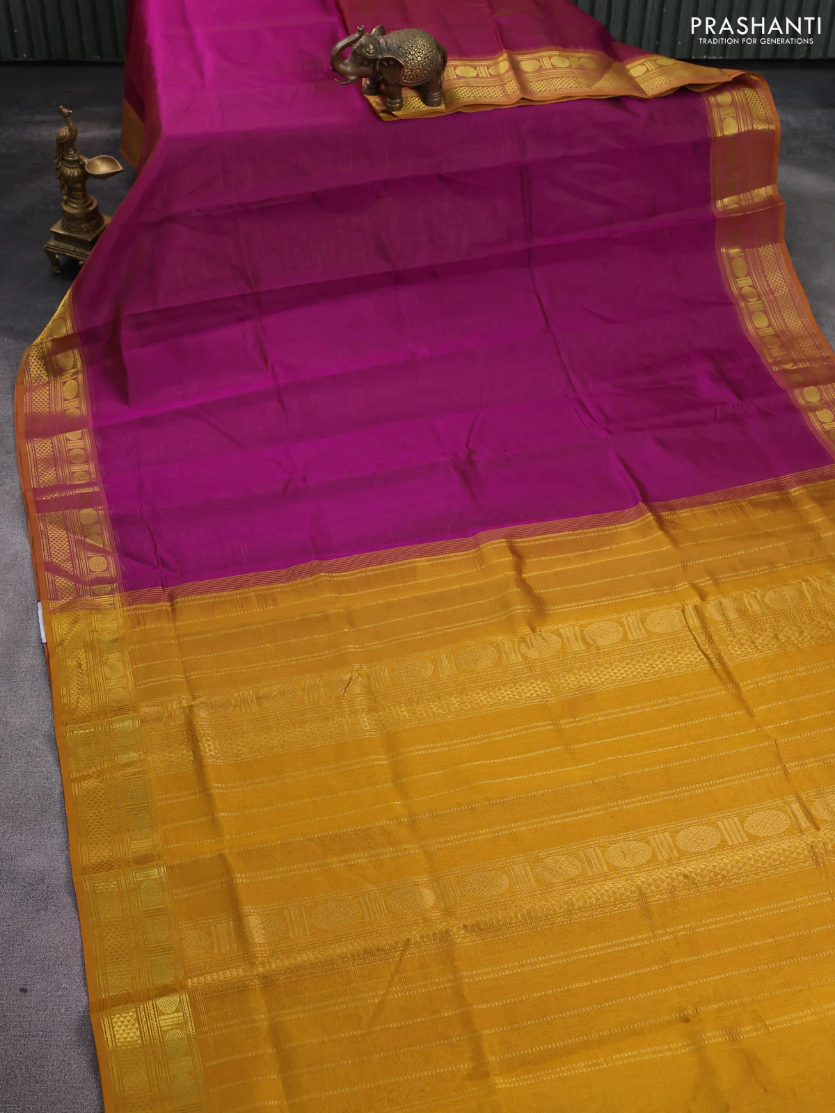 Silk cotton saree purple and dark mustard with allover vairosi pattern and zari woven border - Image 2
