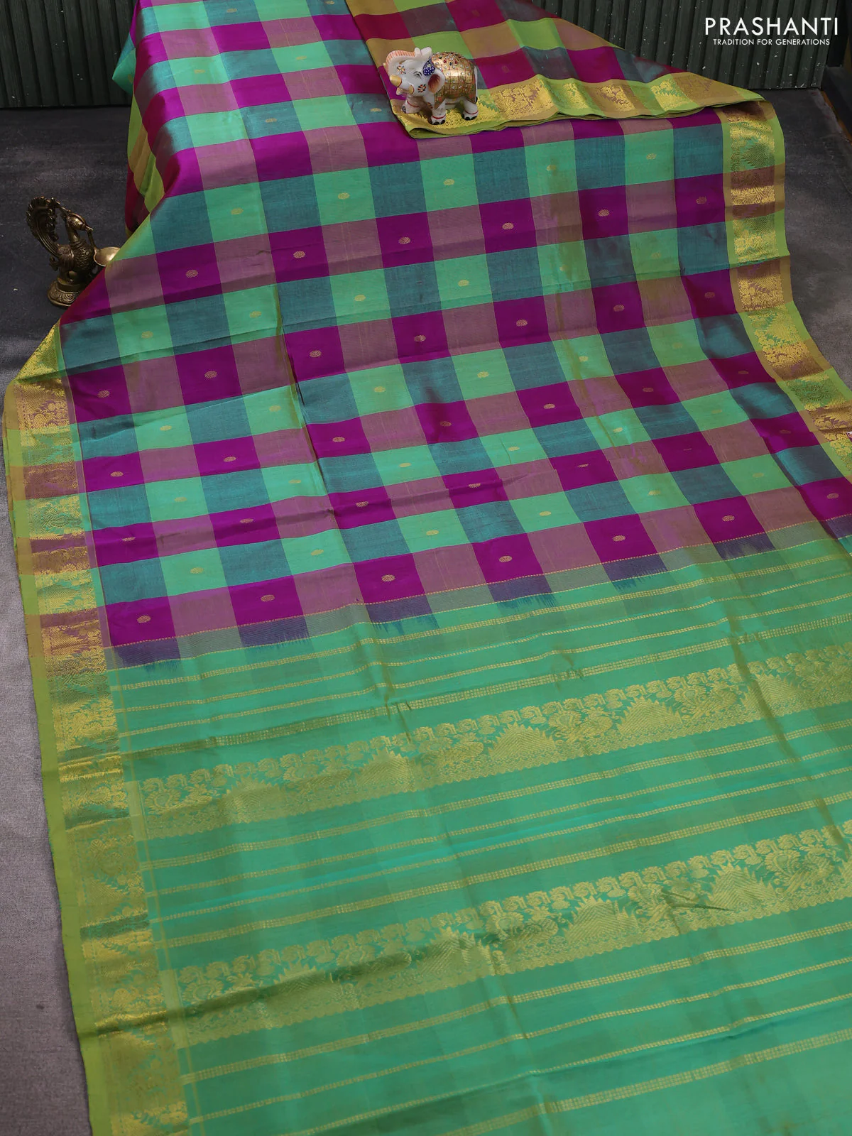 Silk cotton saree purple and dual shade of teal green with allover paalum pazhamum checks & buttas and zari woven border - Image 2