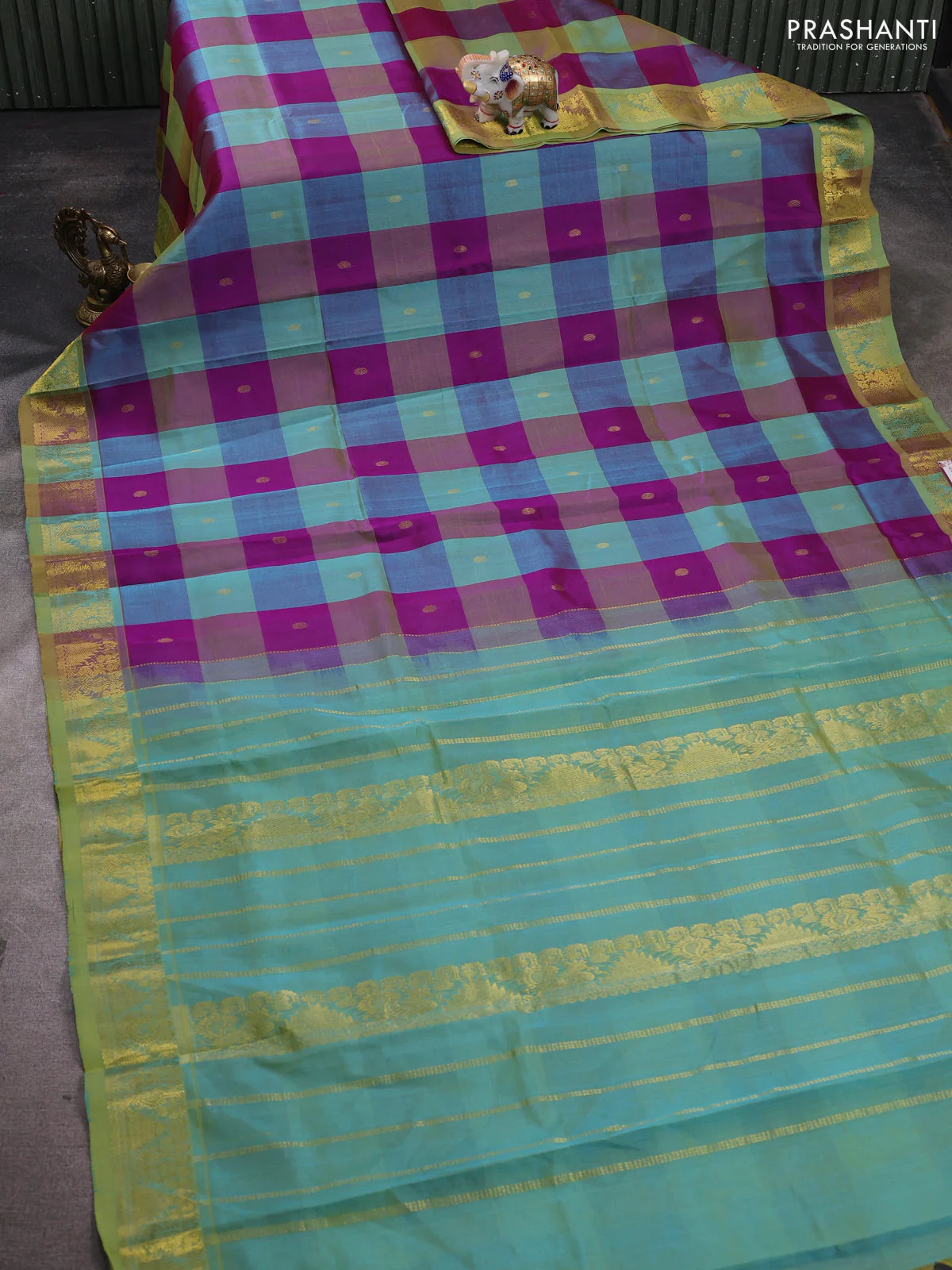 Silk cotton saree purple and dual shade of teal green with allover paalum pazhamum checks & buttas and zari woven border - Image 2